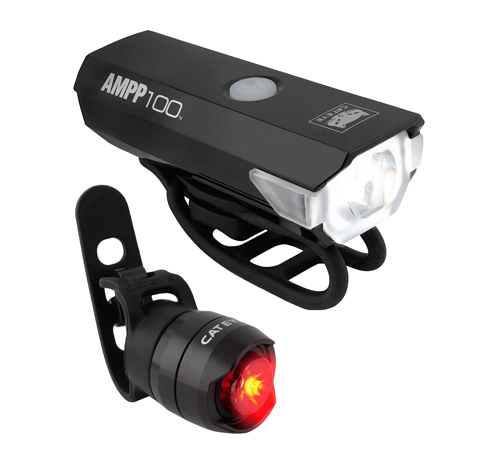 The CATEYE AMPP100 & ORB set includes a rechargeable black AMPP100 headlight with an OptiCube lens and a small round ORB red LED rear light, both featuring convenient rubber mounting straps.