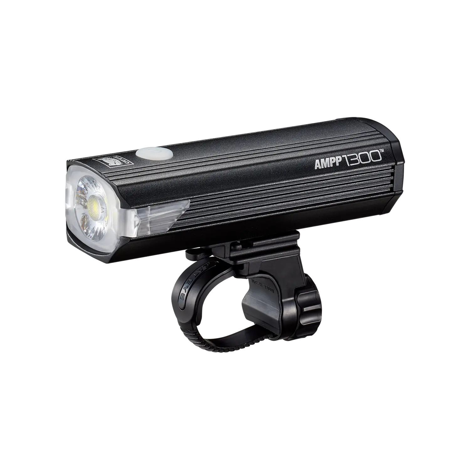 A CATEYE AMPP1300 black bicycle headlight with OptiCube lens technology and a white top button is mounted on a black handlebar bracket, displayed against a plain background.