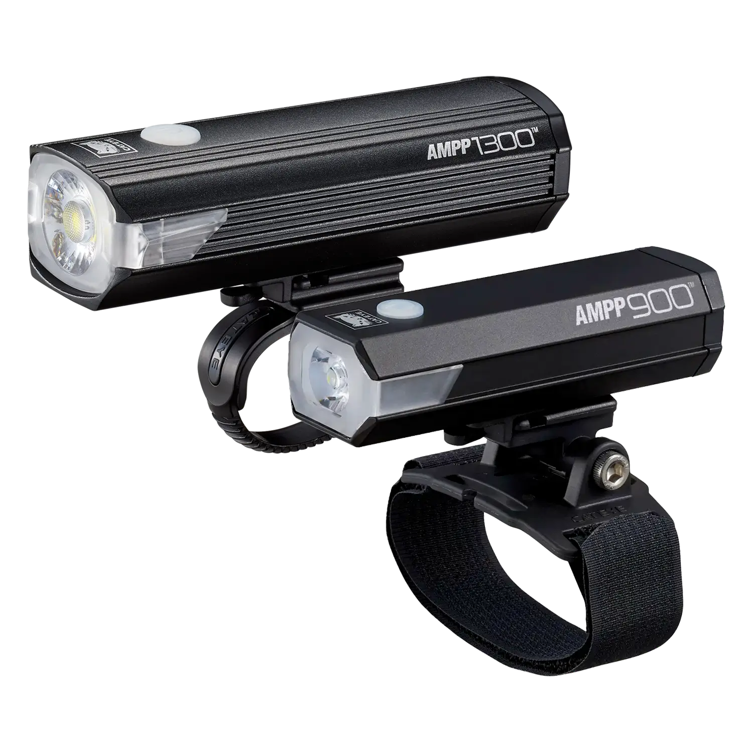 The CATEYE AMPP1300 & AMPP900 With Helmet Mount set delivers up to 2200 lumens, featuring two black bike headlights with mounting brackets and adjustable straps—ideal for MTB trails or pairing on bars and helmets.