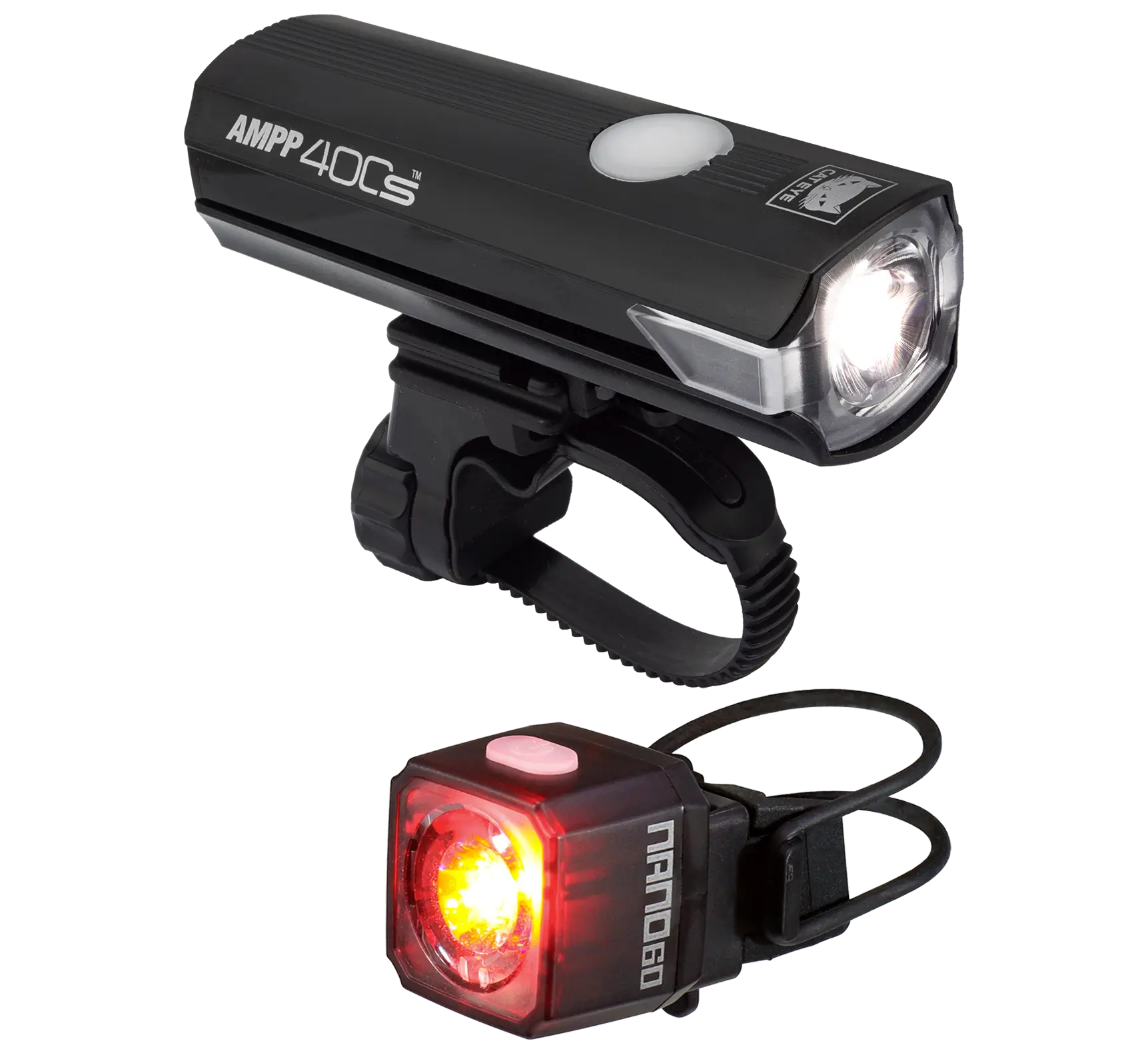 The CATEYE AMPP400S & NANO60 set includes a black USB-C front LED headlight with OptiCube lens labeled AMPP 400 and a rear red taillight, both featuring mounting straps for easy bike attachment.