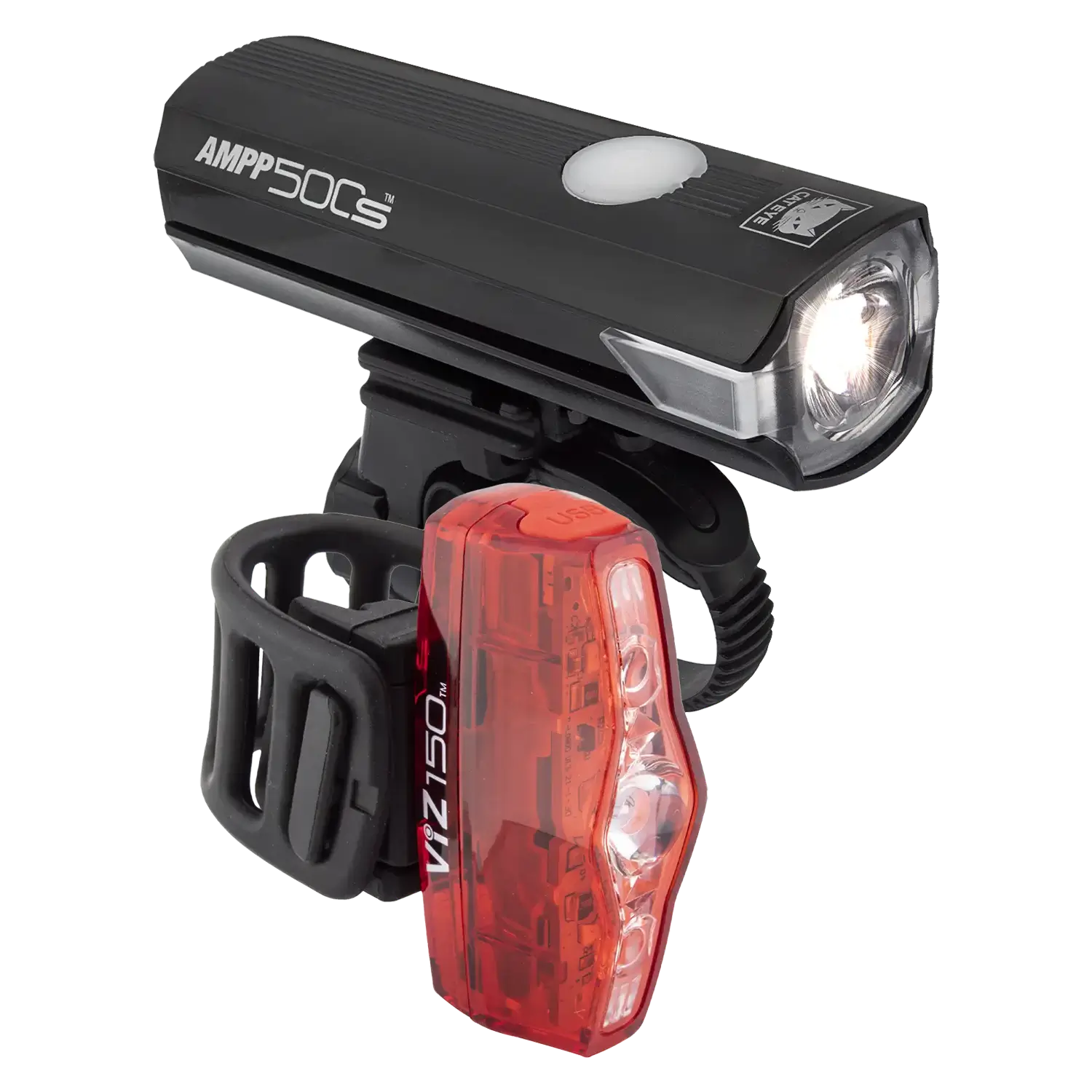 The CATEYE AMPP500S & ViZ150 set includes a black USB-C front headlight and red rear light, both with adjustable mounts. Designed for commuter safety, they feature Daytime Hyperflash mode for enhanced daytime visibility.