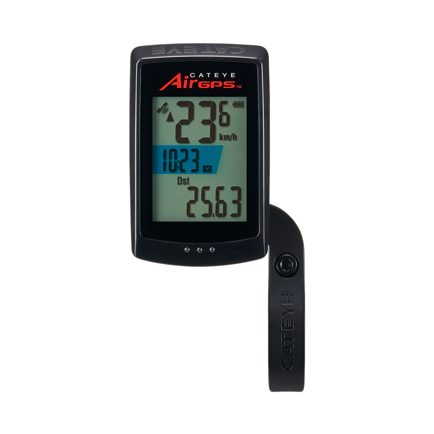 The CATEYE AirGPS bike computer displays speed (23.6 km/h), time (10:23), and distance (25.63 km) with accurate GPS, and syncs rides to the CatEye Cycling app from its black handlebar bracket.