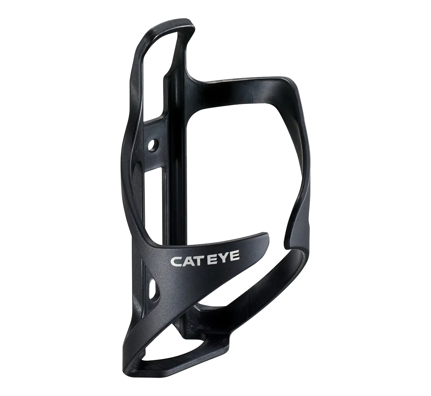 The CATEYE BC-500 Bottle Cage in black features a sleek, lightweight side-loading design, ideal for bikepacking, displayed on a plain white background.