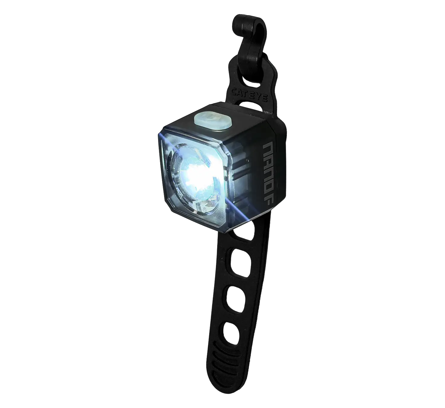 The CATEYE NANO100 F is a compact, square 100-lumen bike light with a black adjustable rubber strap and white glow, designed for handlebars or seat posts—ideal as a daytime safety light to boost your cycling visibility.