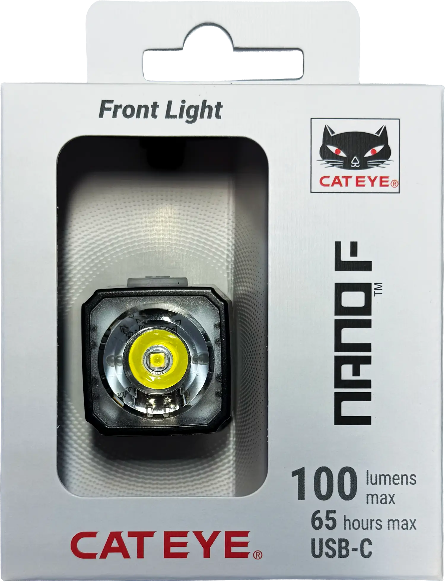 The CATEYE NANO100 F is a 100-lumen bicycle headlight in packaging, with up to 65 hours of use, USB-C charging, and the cat face logo—perfect for daytime front safety.