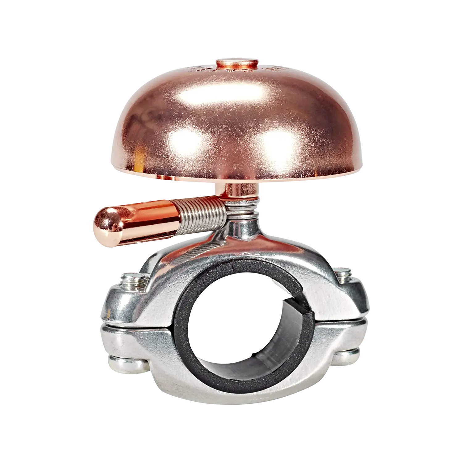 The CATEYE OH-2200 Yamabiko Bell features a copper-colored metallic dome and a silver aluminum die-cast mount, designed for secure attachment to cycling handlebars.