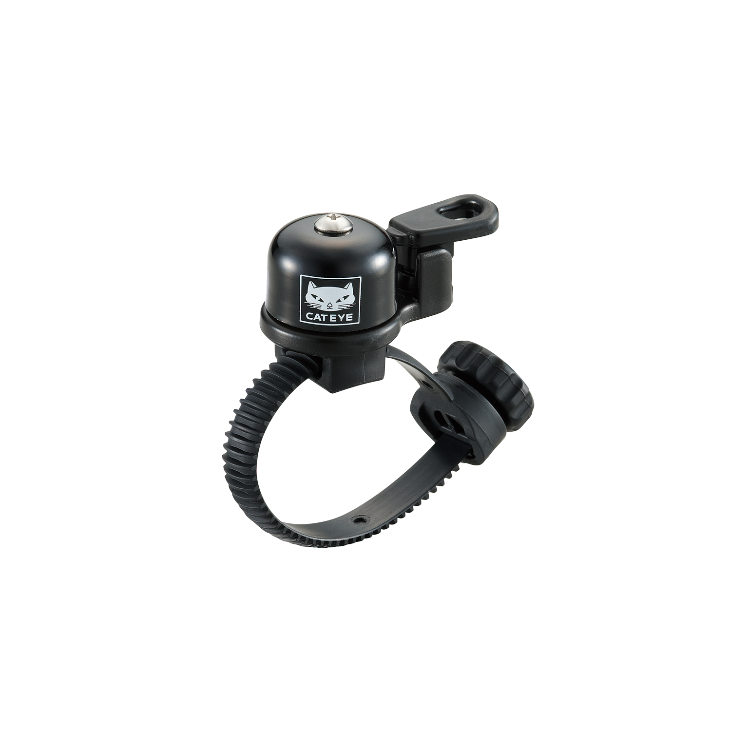 The OH-2400 Flextight™ Bell by CATEYE is a black bell with a thumb lever and adjustable handlebar strap. Made of solid brass, it’s easy to use and features the CATEYE logo on the front.