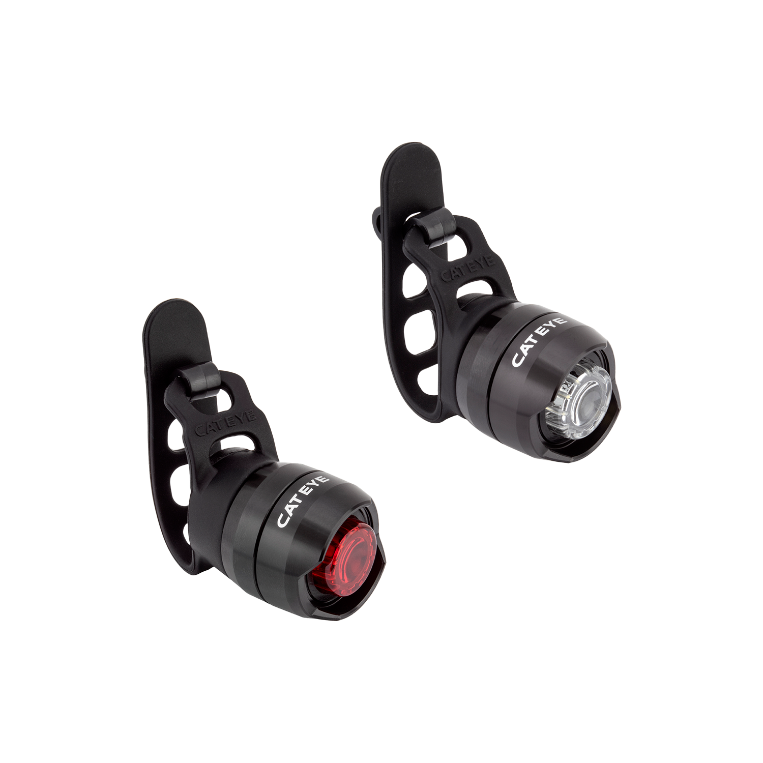Two CATEYE ORB Rechargeable bicycle lights with rubber mounts—one red safety light and one white LED—are displayed on a plain background.