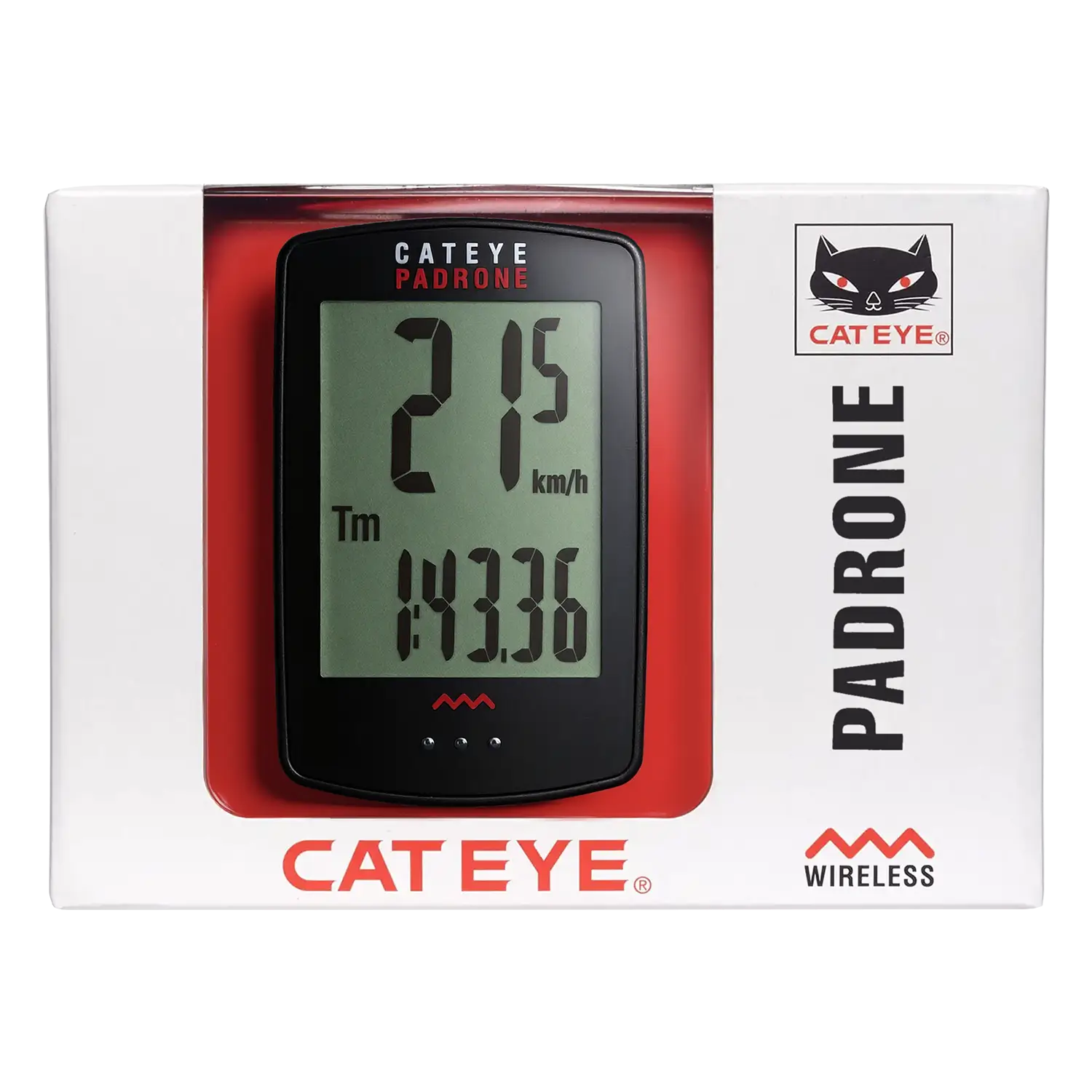 A CATEYE Padrone (CPSC) bike computer in its box, featuring a large display for speed and elapsed time, with CATEYE branding on the packaging.
