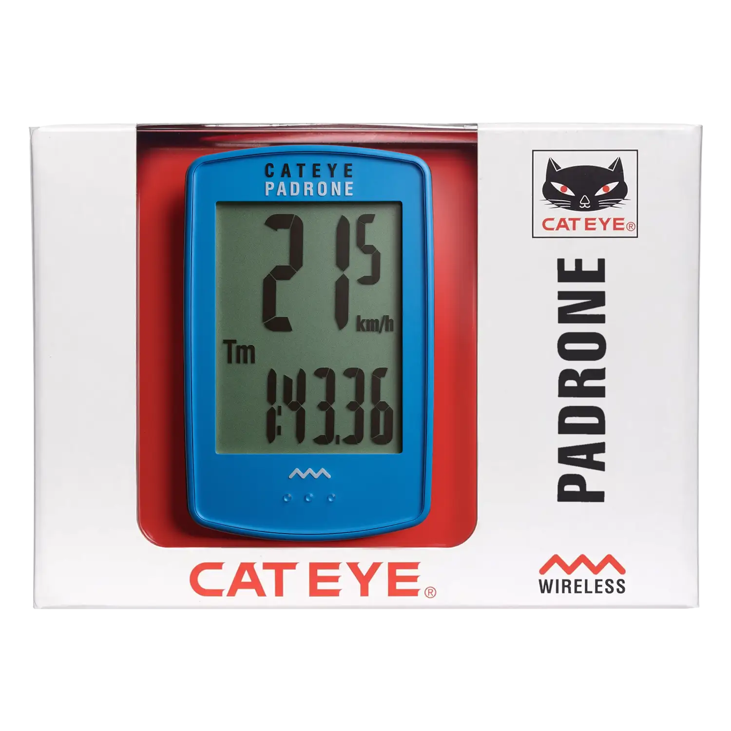 A blue CATEYE Padrone (CPSC) bike computer is displayed in its packaging, showing numbers on screen. The white box has red and black text, a cat logo at the top right, and promotes its programmable odometer feature.