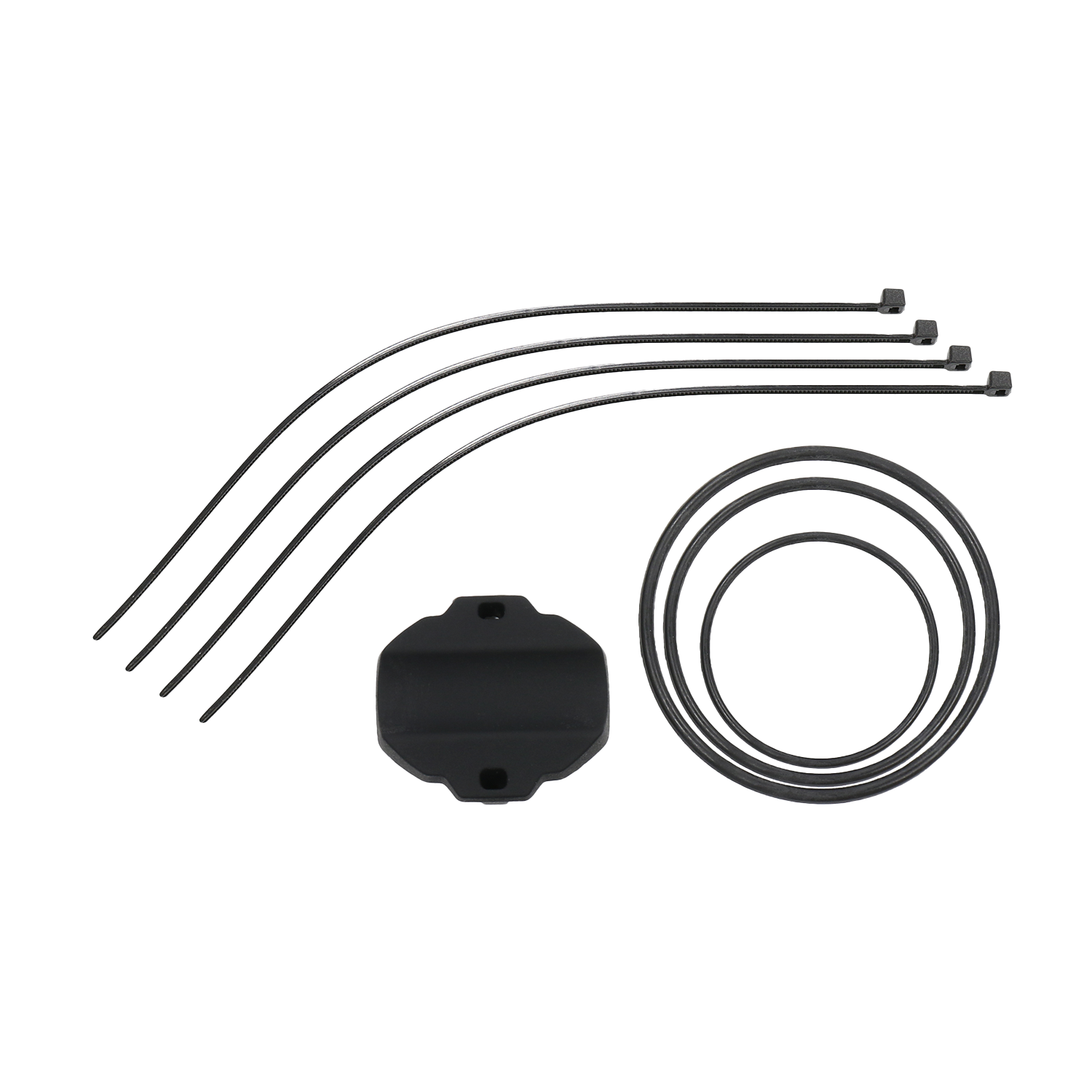 A set of black rubber or plastic rings and strips, plus a small black rectangular CATEYE SPD-30 Magnetless Speed Sensor, are arranged neatly on a white background.