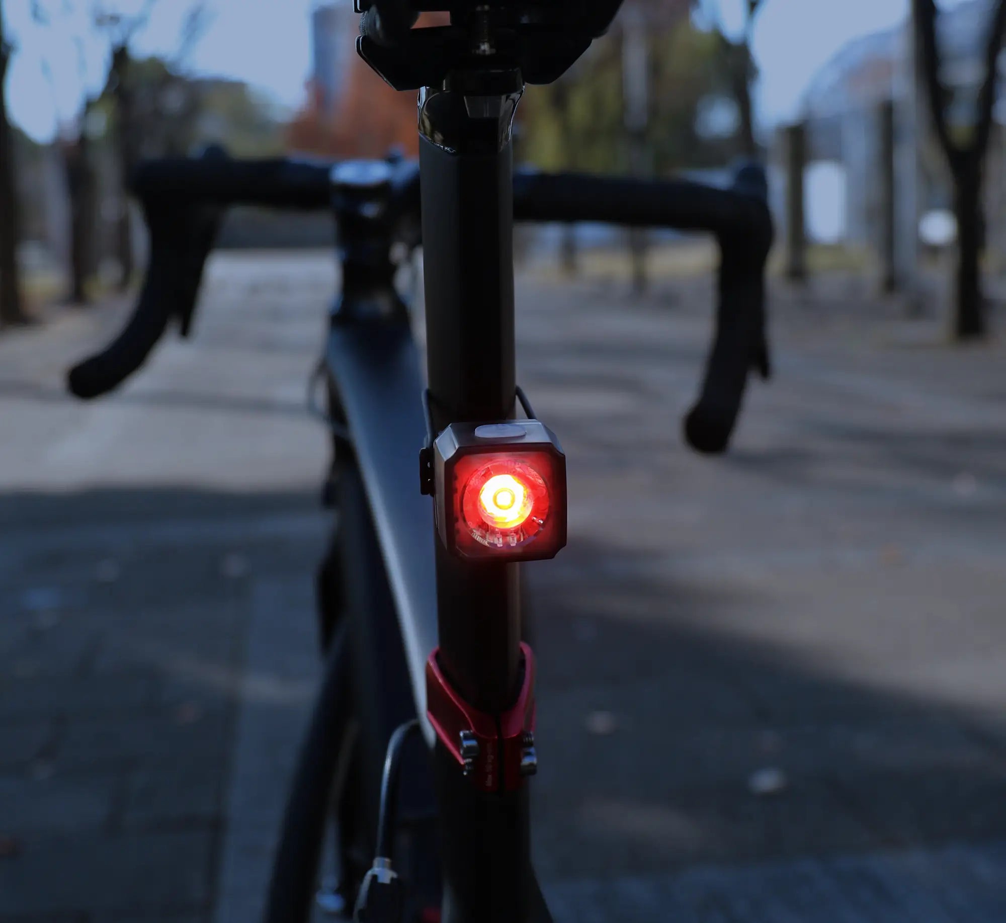 Close-up of the CATEYE NANO60 USB-C rechargeable bike light illuminated on a bicycle’s rear, outdoors on a paved path with blurred trees and buildings in the background.