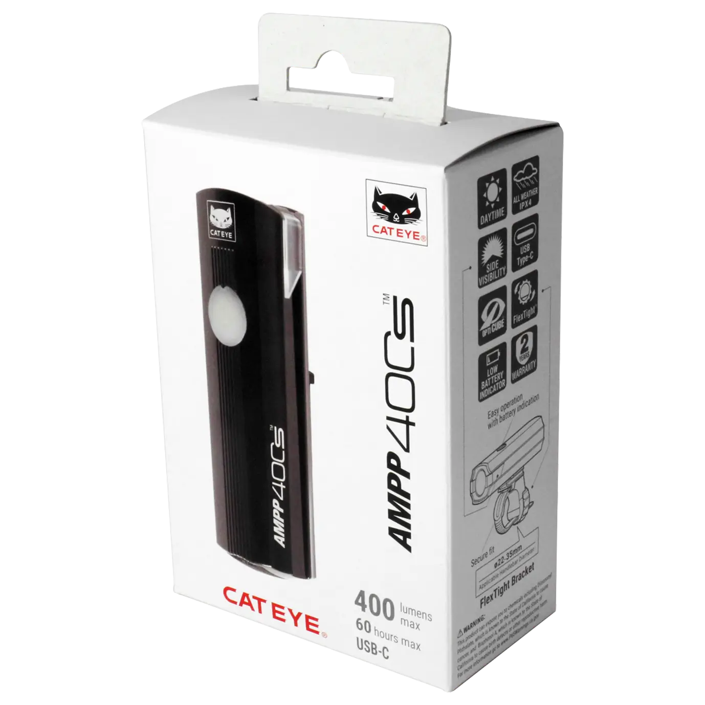 A retail box of the CATEYE AMPP400S bike light, showing a product image, USB-C charging port info, brightness and battery details, plus CATEYE branding in black, white, and red.
