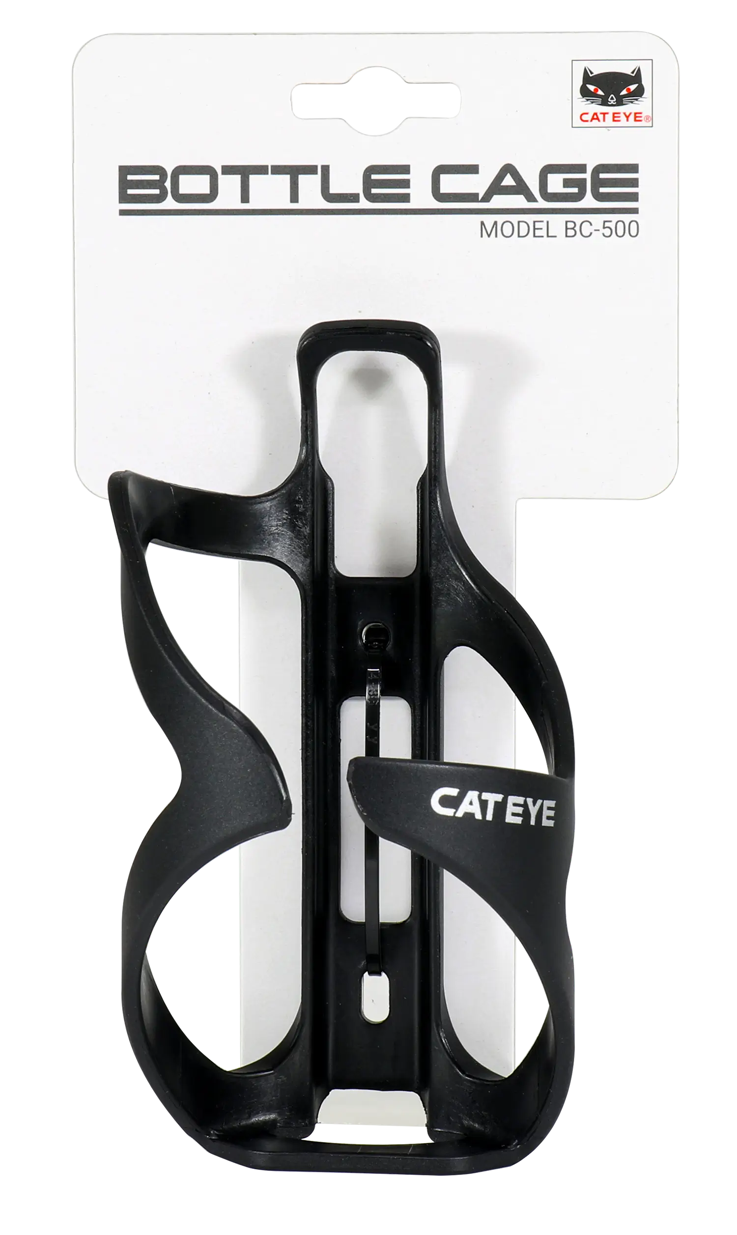 A black CATEYE BC-500 Bottle Cage is mounted on white packaging labeled "BC-500 Bottle Cage," with the CATEYE logo in the top right corner—perfect for bikepacking adventures.