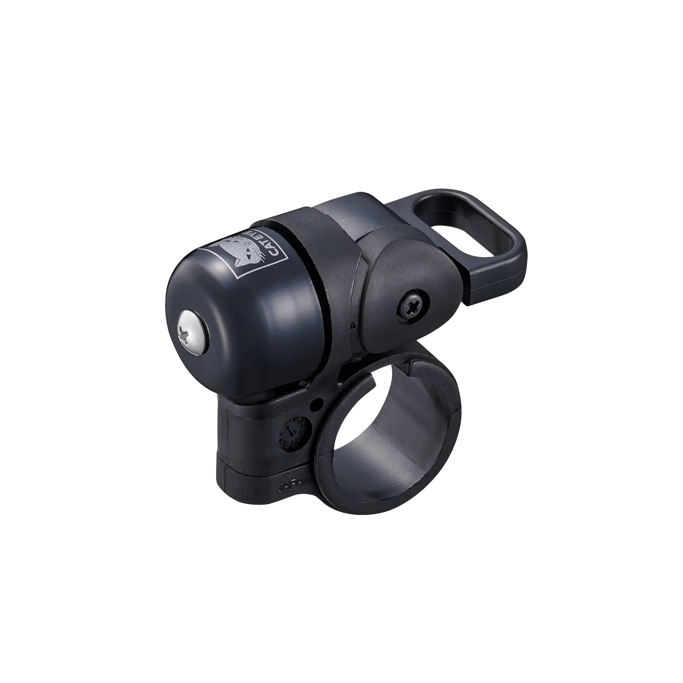 A CATEYE OH-1500 NIDO Bell in black, featuring a thumb lever and adjustable handlebar clamp, displayed on a transparent background.