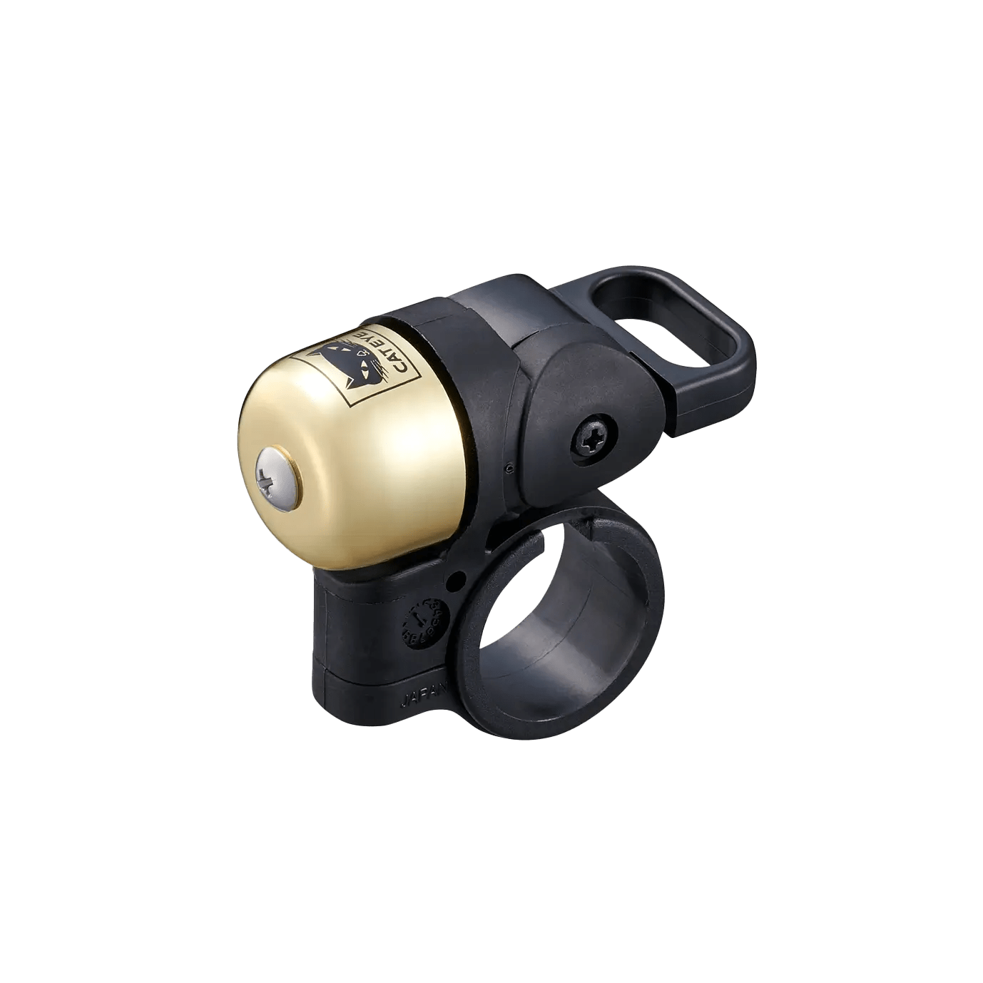 The CATEYE OH-1500 NIDO Bell features a small gold dome and black plastic bracket for adjustable handlebars, adding style and safety to your ride.