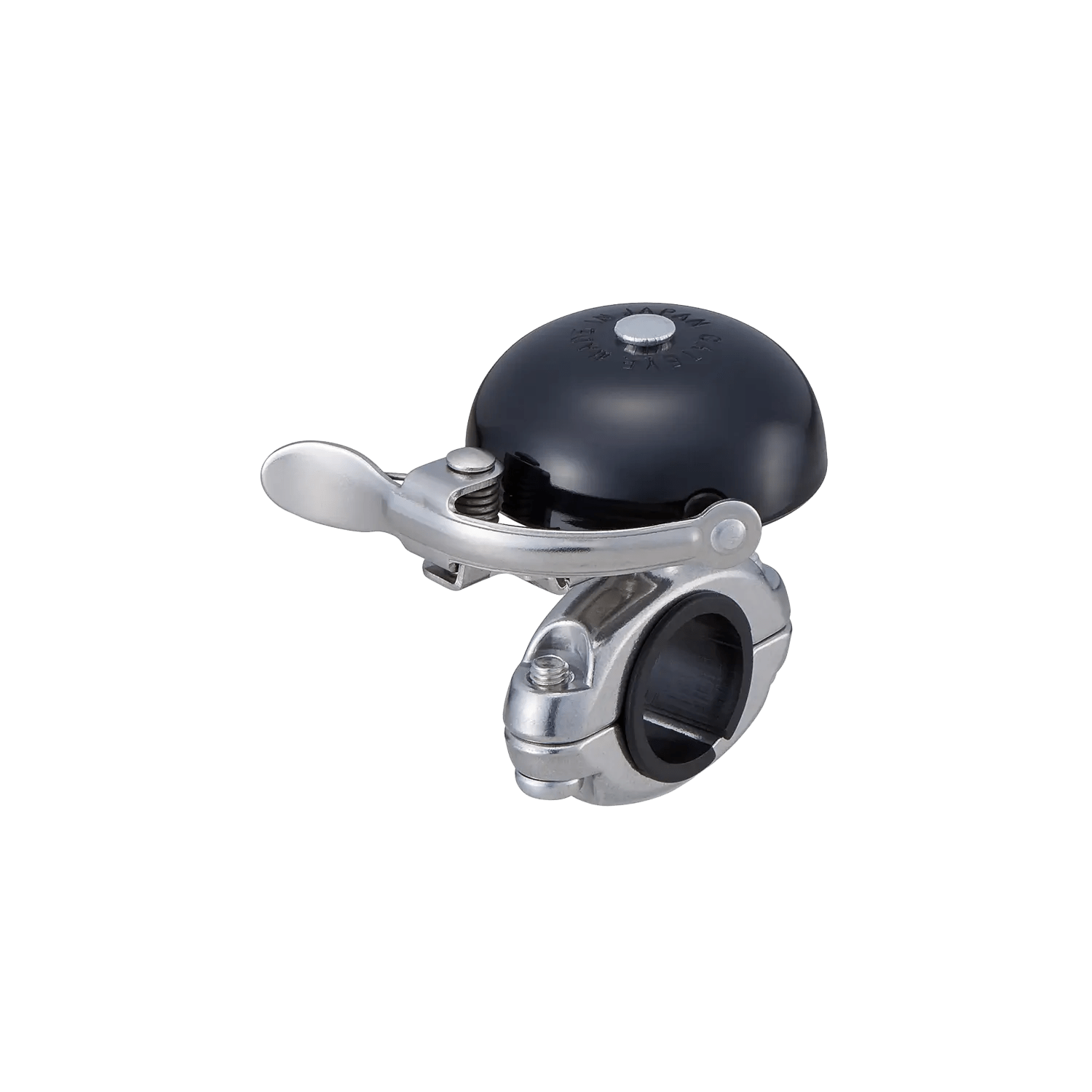 The CATEYE OH-2300A Hibiki Bell is a black and silver gong-style bell with a thumb lever, mounted on an aluminum die-cast clamp for handlebars, shown against a transparent background.
