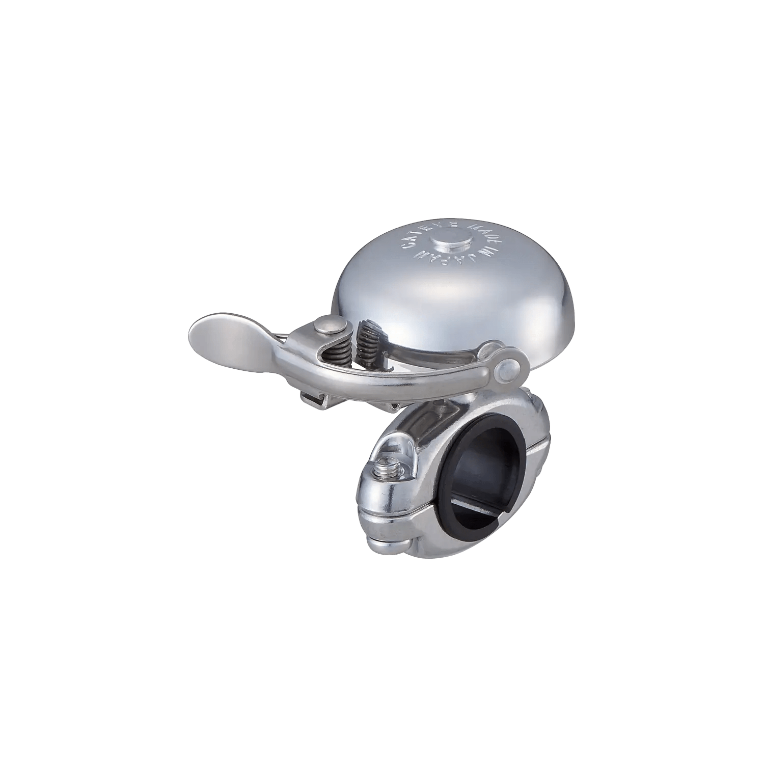 The CATEYE OH-2300A Hibiki Bell is a shiny silver, circular dome gong-type bell with a thumb lever and handlebar clamp, made from aluminum die-cast material. Background is transparent.