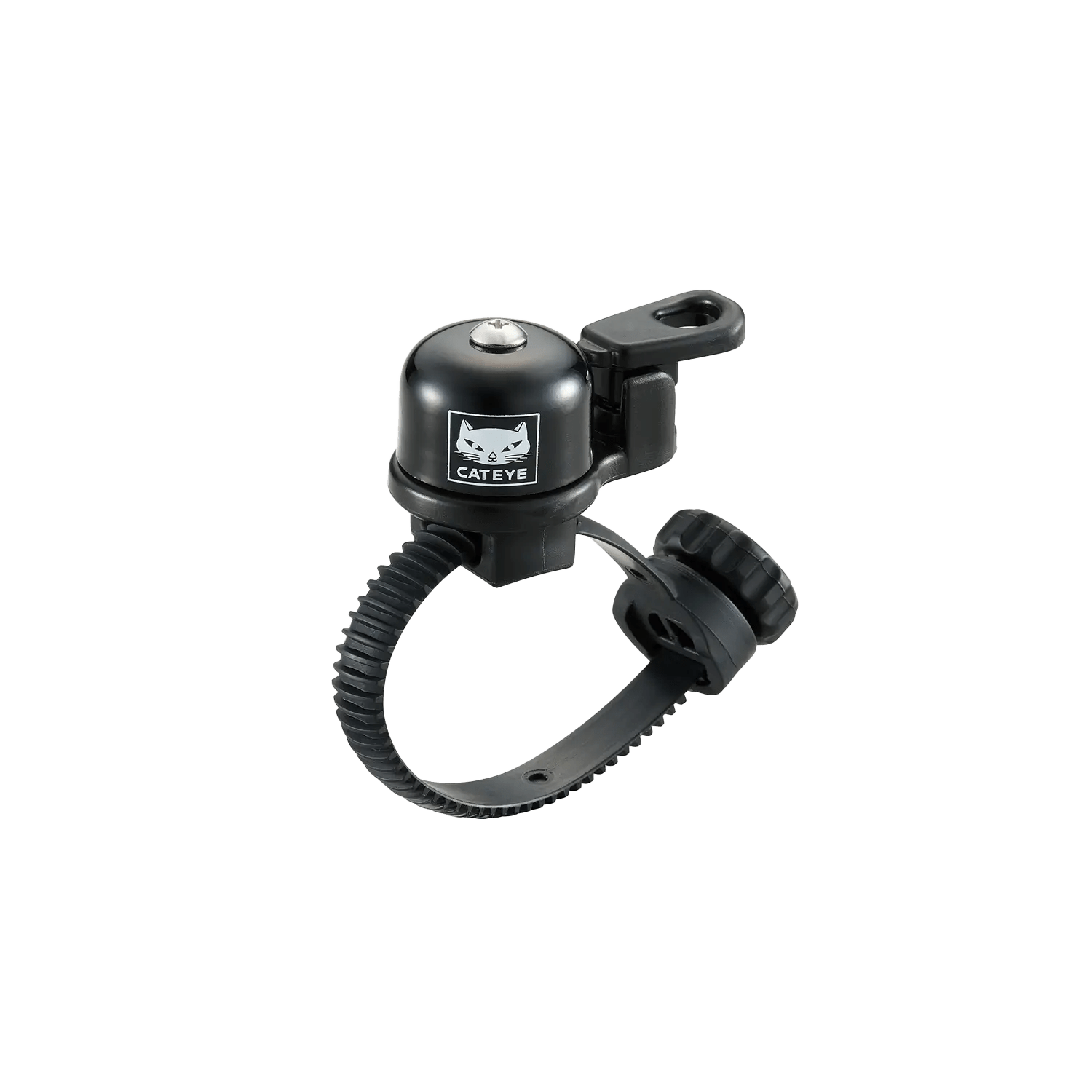 The CATEYE OH-2400 Flextight™ Bell is a black bicycle bell with an adjustable strap and thumb lever for easy handlebar attachment, featuring the CATEYE logo on the front.