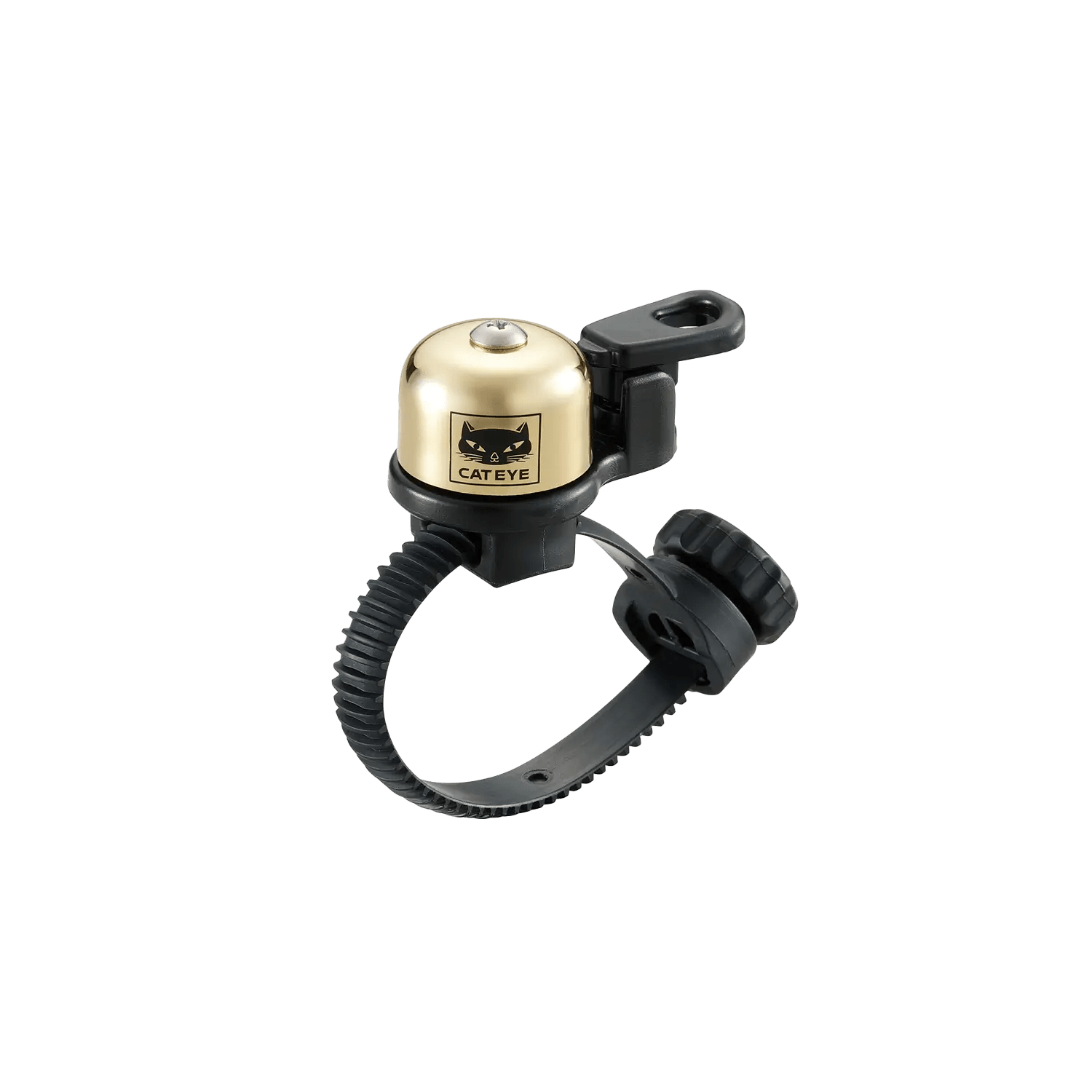The CATEYE OH-2400 Flextight™ Bell is a small gold bell made of solid brass with a black adjustable strap and CatEye logo, designed for easy handlebar mounting.