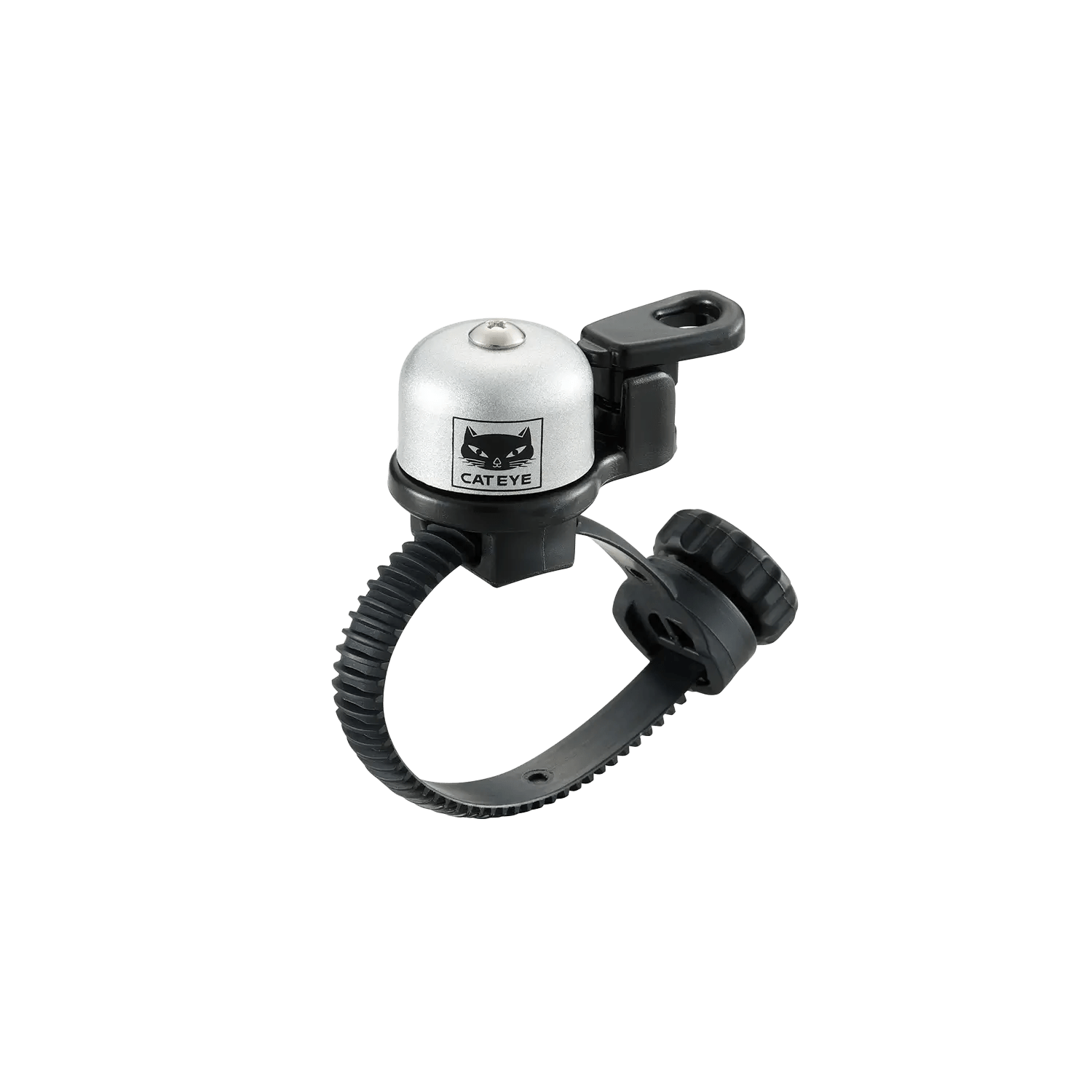 The CATEYE OH-2400 Flextight™ Bell is a compact, user-friendly silver bicycle bell with a black adjustable strap and thumb lever, featuring the CatEye logo and FlexTight™ technology for secure handlebar mounting.