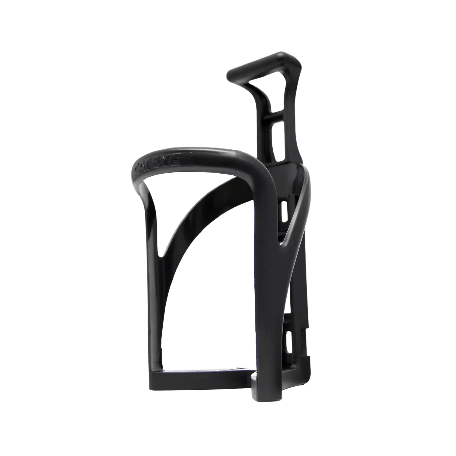 The CATEYE BC-100 Bottle Cage is a black plastic, minimalist, open-frame water bottle holder with mono-injection construction, shown isolated on a transparent background.