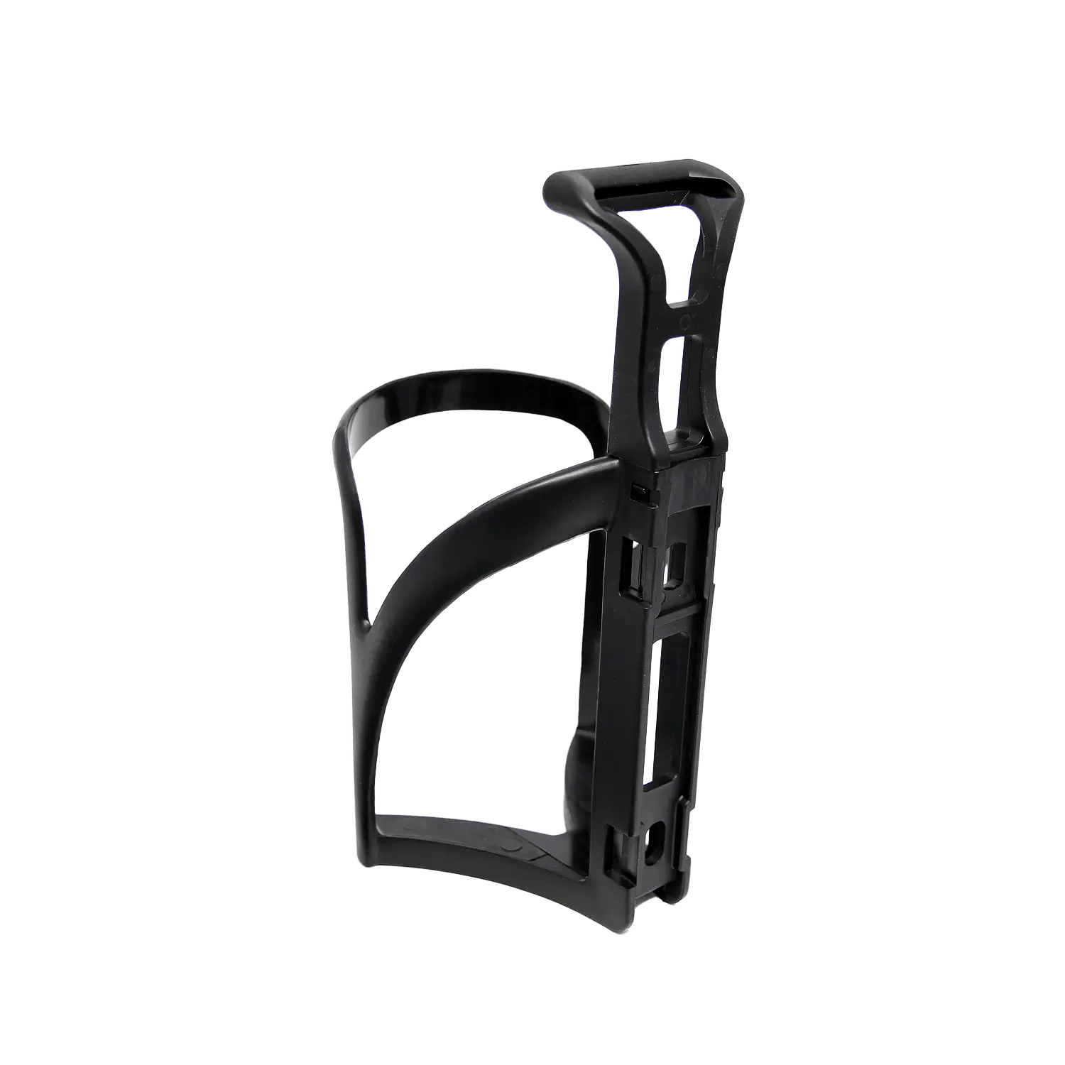 The CATEYE BC-100 Bottle Cage is a lightweight black plastic cage with an open mono-injection build, curved frame, and mounting slots for easy attachment to your bike.