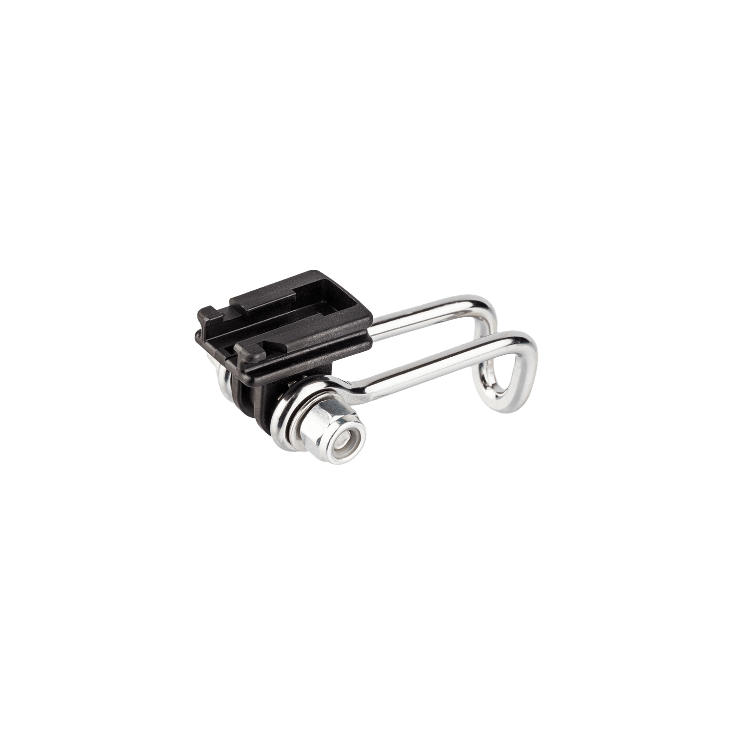 The CATEYE CFB-100 Center Fork Bracket is a compact metal and plastic holder with aluminum construction, black mounting slot, and silver hardware, shown isolated on a transparent background.