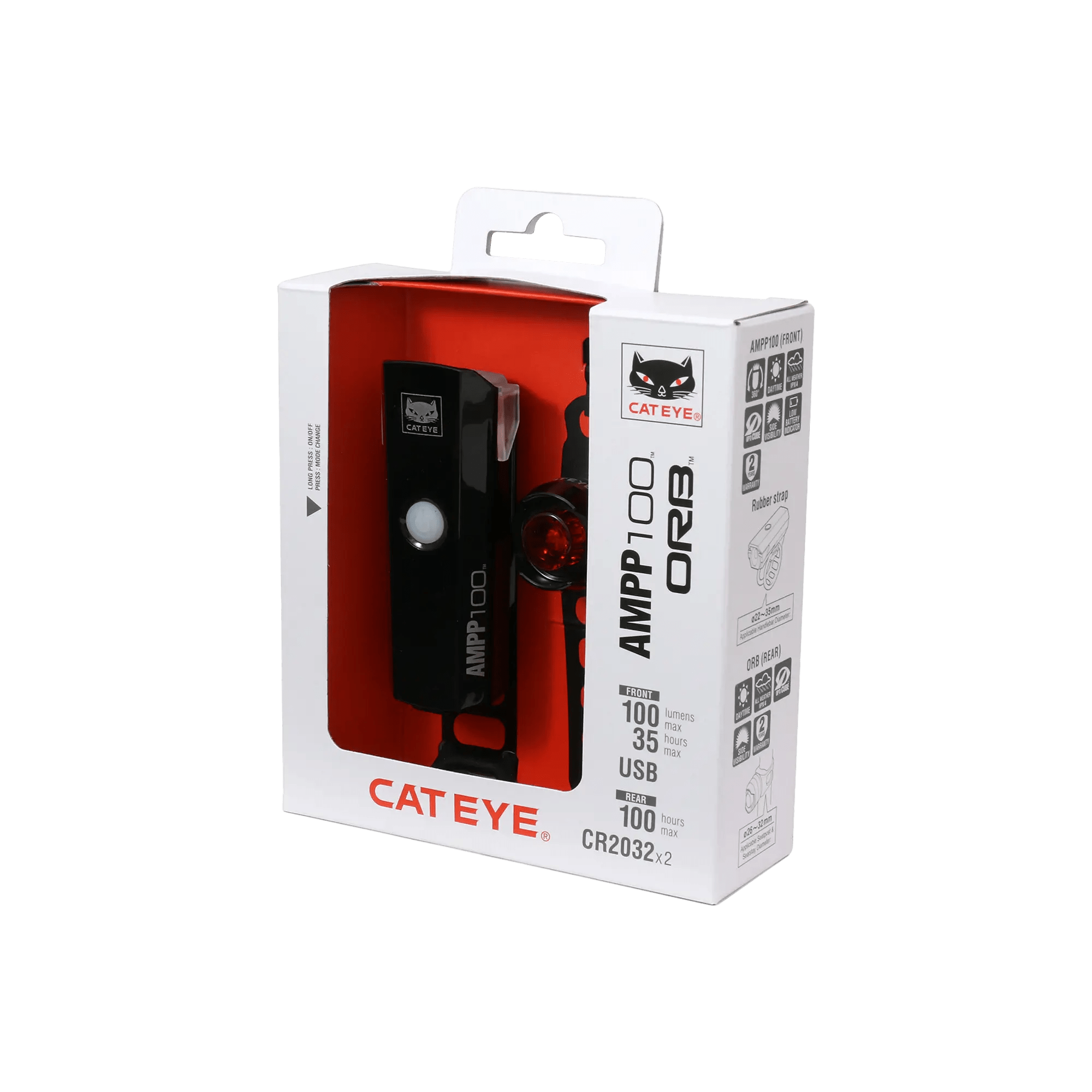 A CATEYE AMPP100 & ORB bicycle light set in white packaging with red accents, featuring OptiCube™ lens, 100 lumens, 35-hour runtime, USB rechargeable—displayed on a green background.