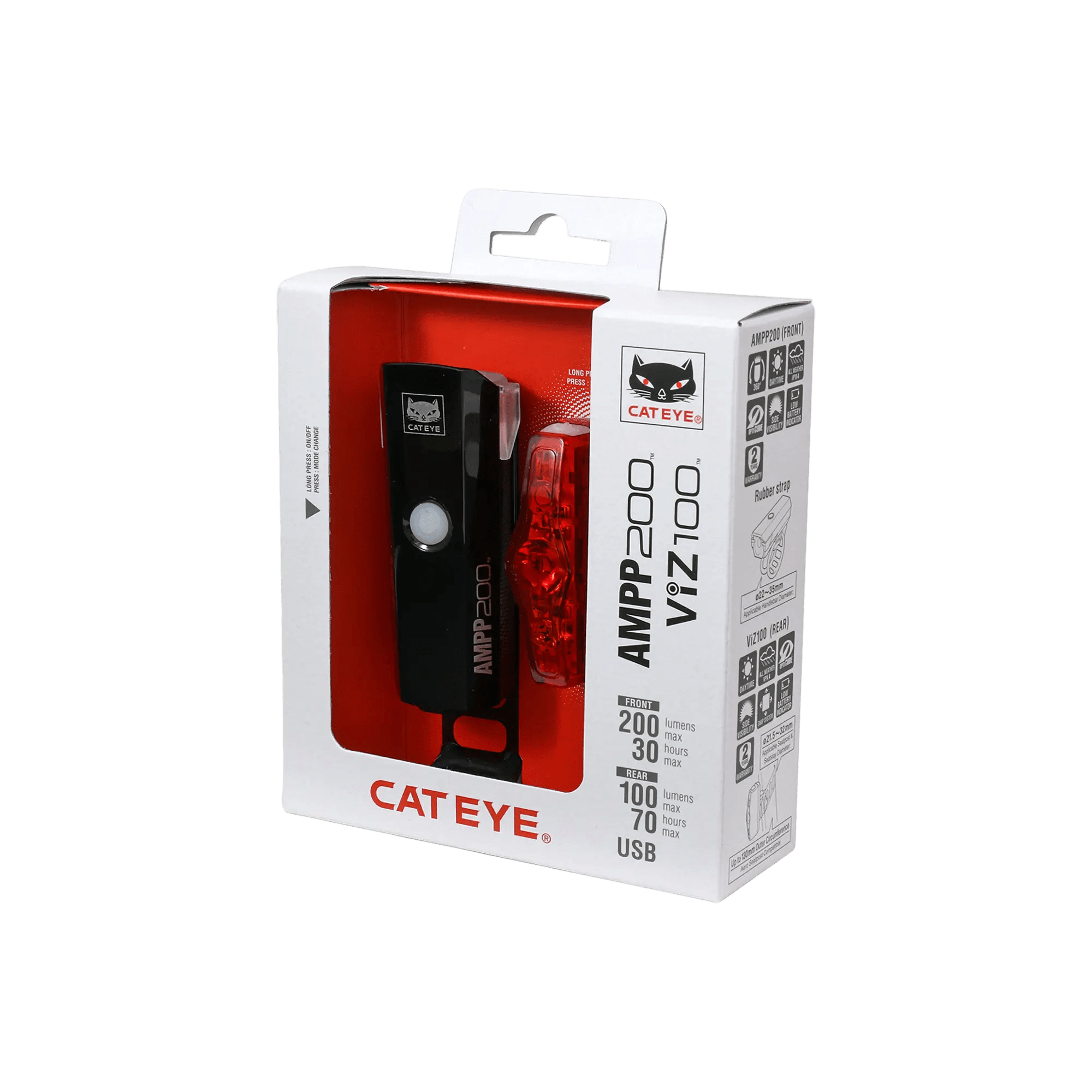 The CATEYE AMPP200 & ViZ100 bike light set comes in retail packaging with product details shown on a white and red box, including a USB-rechargeable LED headlight and red rear light.