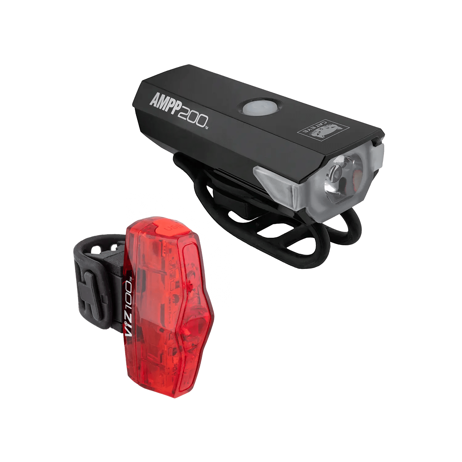 The CATEYE AMPP200 & ViZ100 set, featuring a black LED headlight with OptiCube lens and a red USB rechargeable taillight, both with mounting straps, is shown on a plain white background.