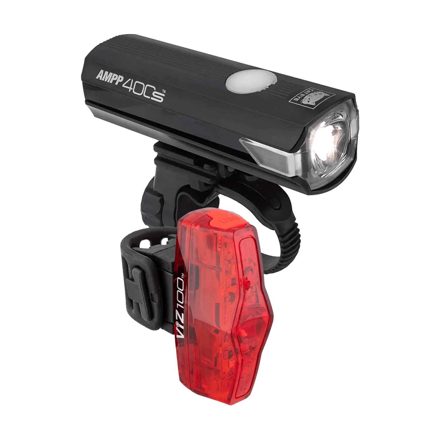 The CATEYE AMPP400S & ViZ100 set, featuring a black USB-C 400-lumen front light with OptiCube™ lens and a red rear light, both with mounting straps, is displayed on a plain background.