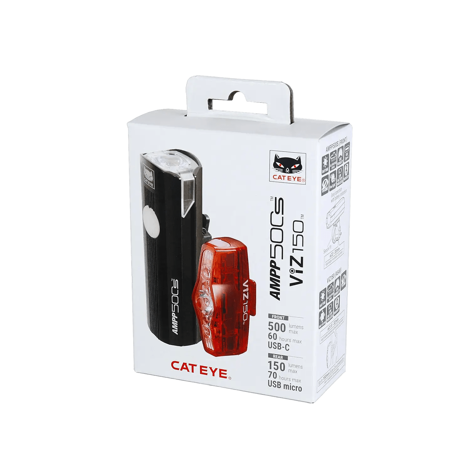 A box of CATEYE AMPP500S & ViZ150 commuter combo lights, displaying product images, specs, and branding on white packaging.