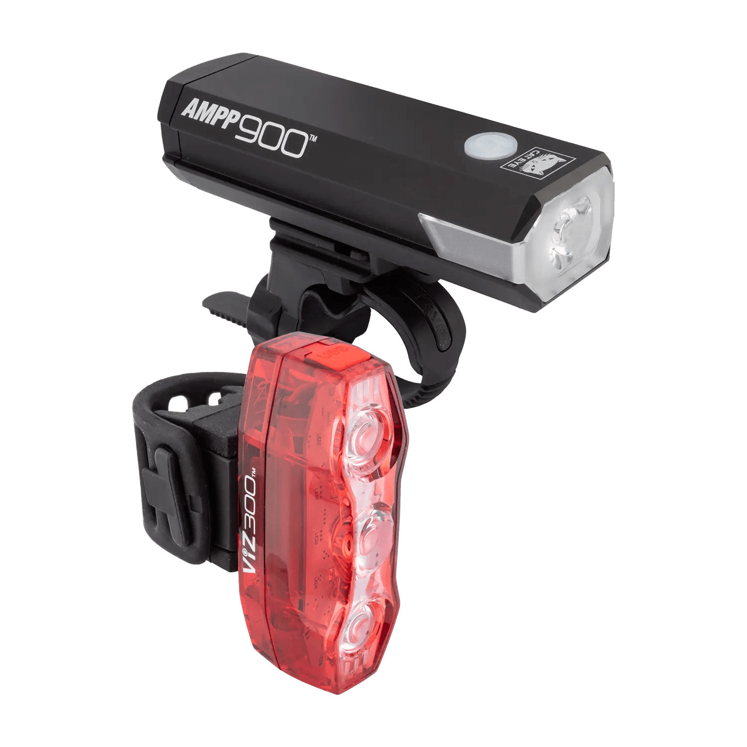 CATEYE AMPP900 & ViZ300 (USB-C) lights, featuring OptiCube™ lens technology and mounting straps, are shown on a transparent background.
