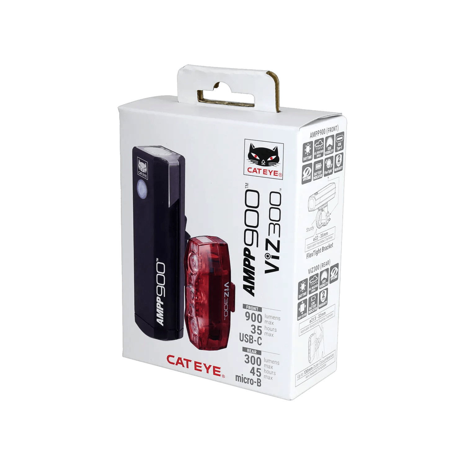 A white CATEYE box for the AMPP900 & ViZ300 (USB-C) bike light set, showing images of the front and rear lights, specs such as OptiCube™ lens technology, and branding, all on a green background.