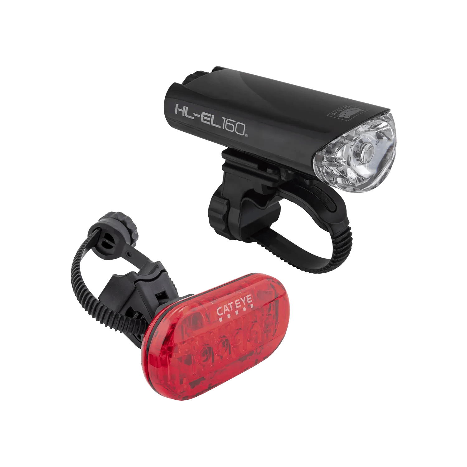 The CATEYE Hl-El160 & OMNI 5 set includes a black waterproof headlight and red rear light with mounting brackets, both offering 360° visibility, shown on a plain green background.