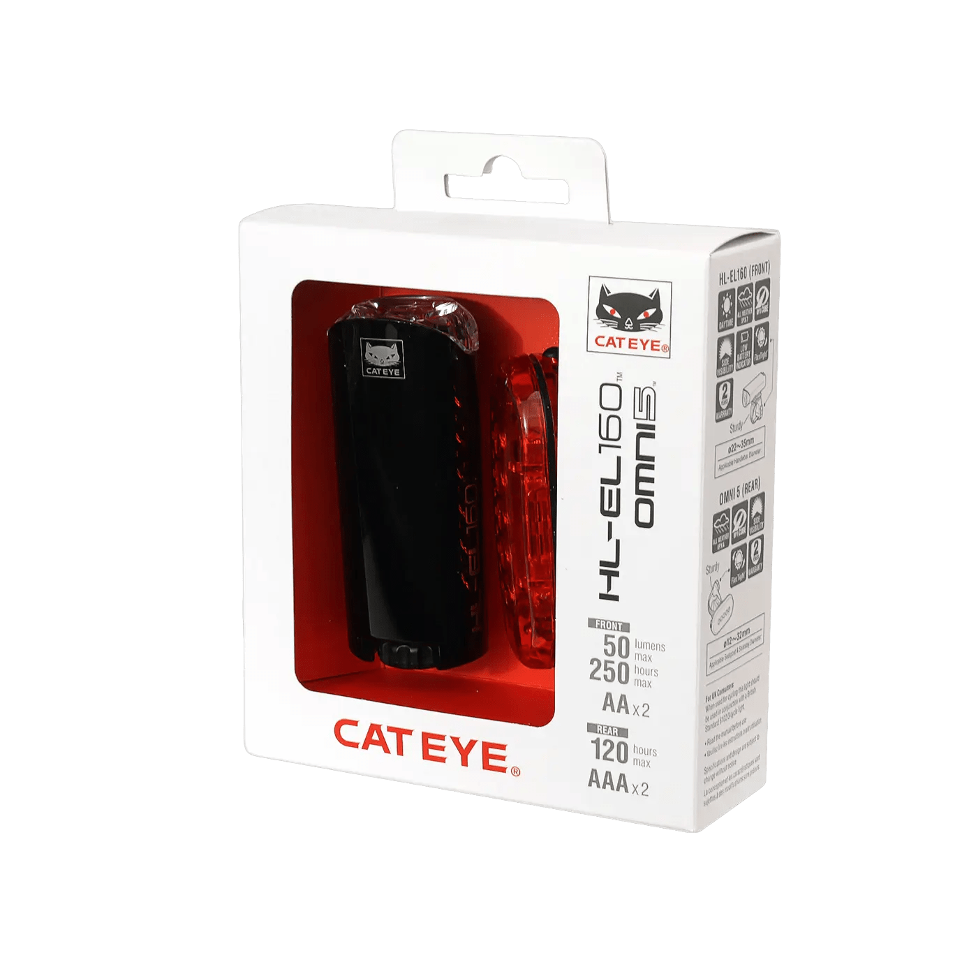 The CATEYE HL-EL160 & OMNI 5 cycling light set comes in white and red packaging, displays product specs and the brand logo, and offers 360° visibility with a waterproof headlight shown on the front and side of the box.