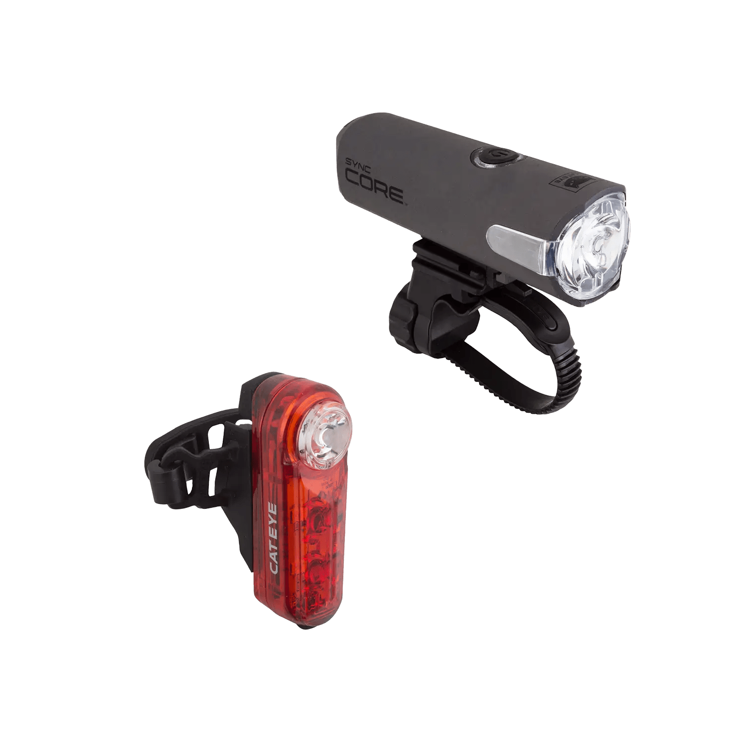 The CATEYE SYNC Core (front, black) and SYNC Kinetic (rear, red) bike lights with mounting straps offer enhanced visibility and safety for cyclists, featuring CatEye SYNC for seamless smartphone app connectivity.