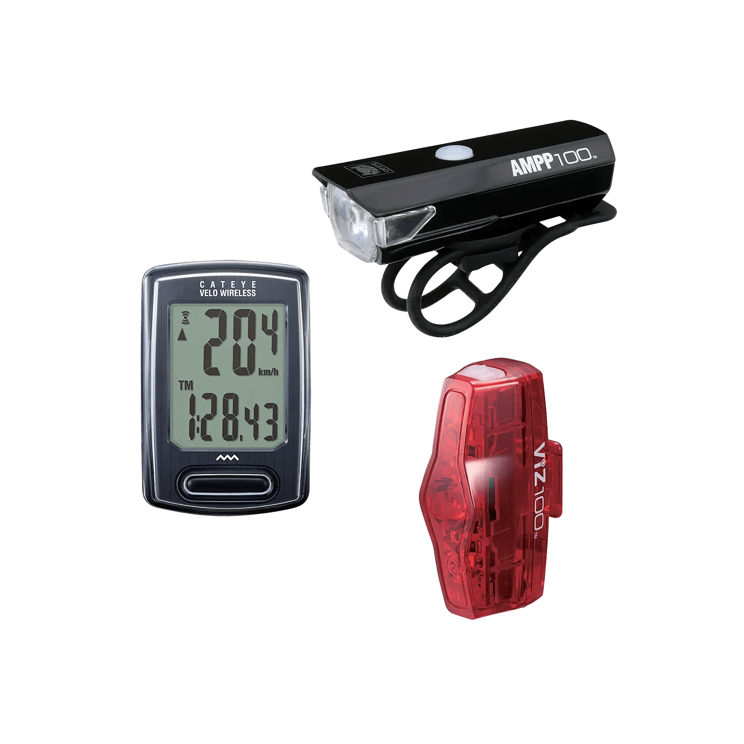 Three cycling accessories: a CATEYE Velo Wireless Go Kit USB bike computer showing speed and time, a black AMPP100 front light (100 lumen OptiCube™ lens), and a red VIZ 100 rear light—all on a plain background.