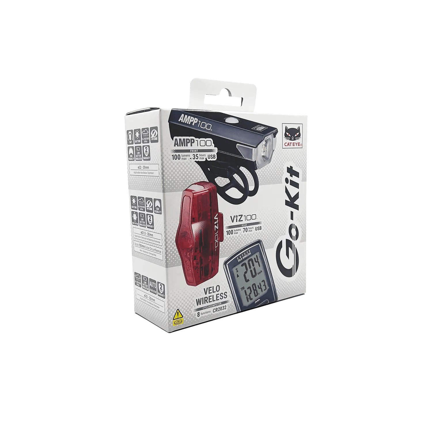 CATEYE Velo Wireless Go Kit USB includes a 100-lumen headlight with OptiCube™ lens, taillight, and wireless bike computer. Packaging shows product images and key features on a white background with CATEYE branding.