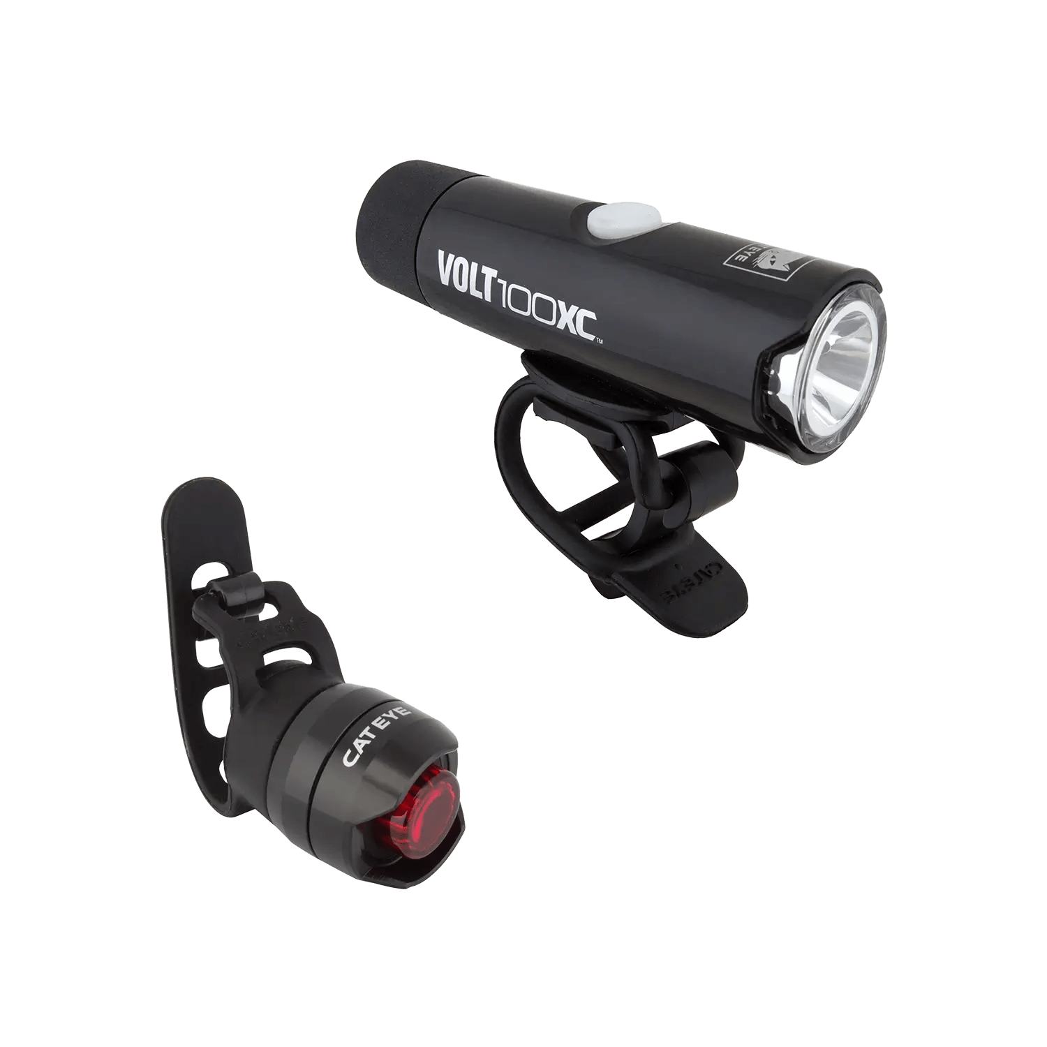 The CATEYE VOLT100XC & ORB combo includes a USB rechargeable black bike headlight with a white button and a red rear light, both with mounting straps, made of durable aluminum and shown on a transparent background.