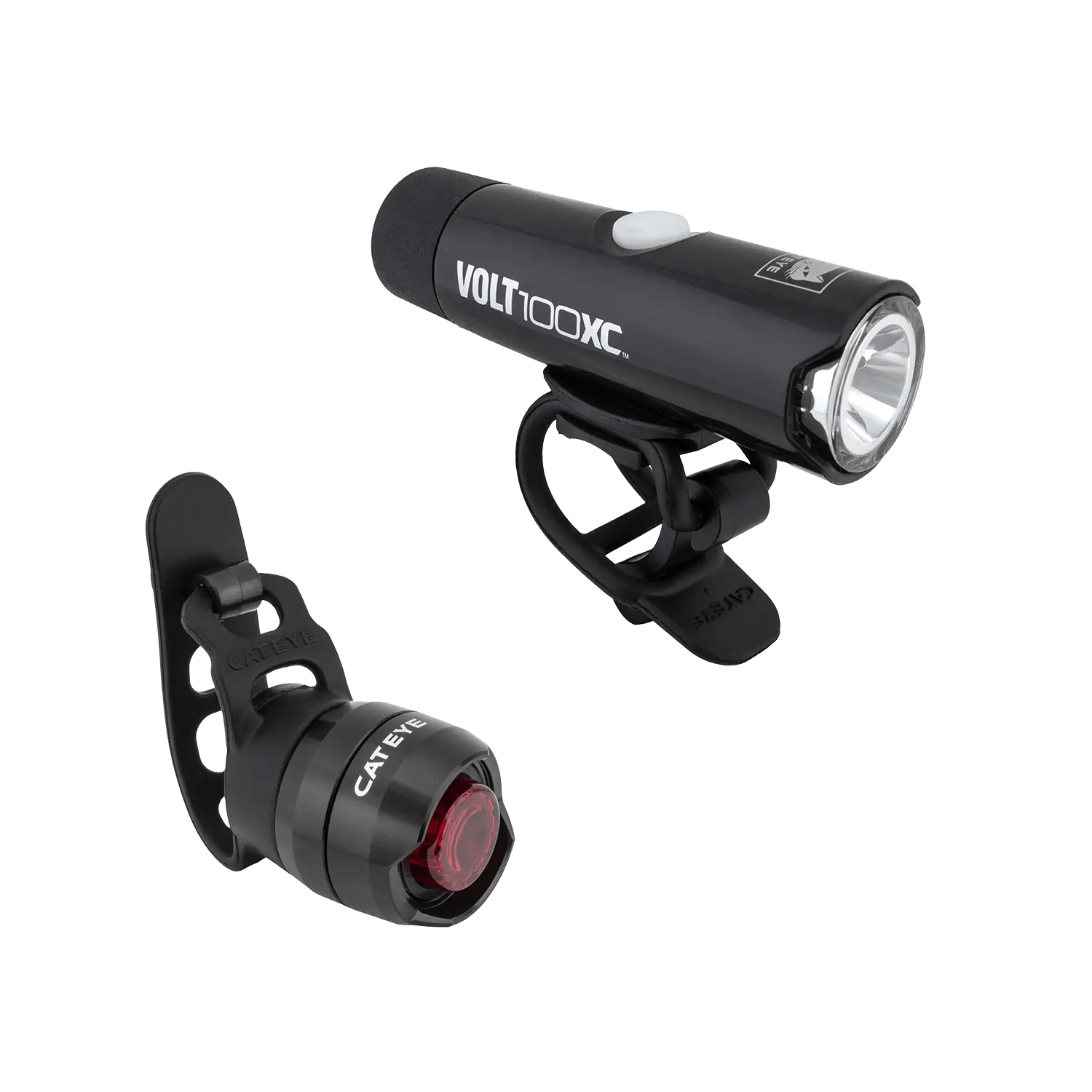 The CATEYE VOLT100XC & ORB is a black USB rechargeable bicycle light set featuring a durable aluminum combo with a front white headlight and rear red taillight, both equipped with mounting brackets.