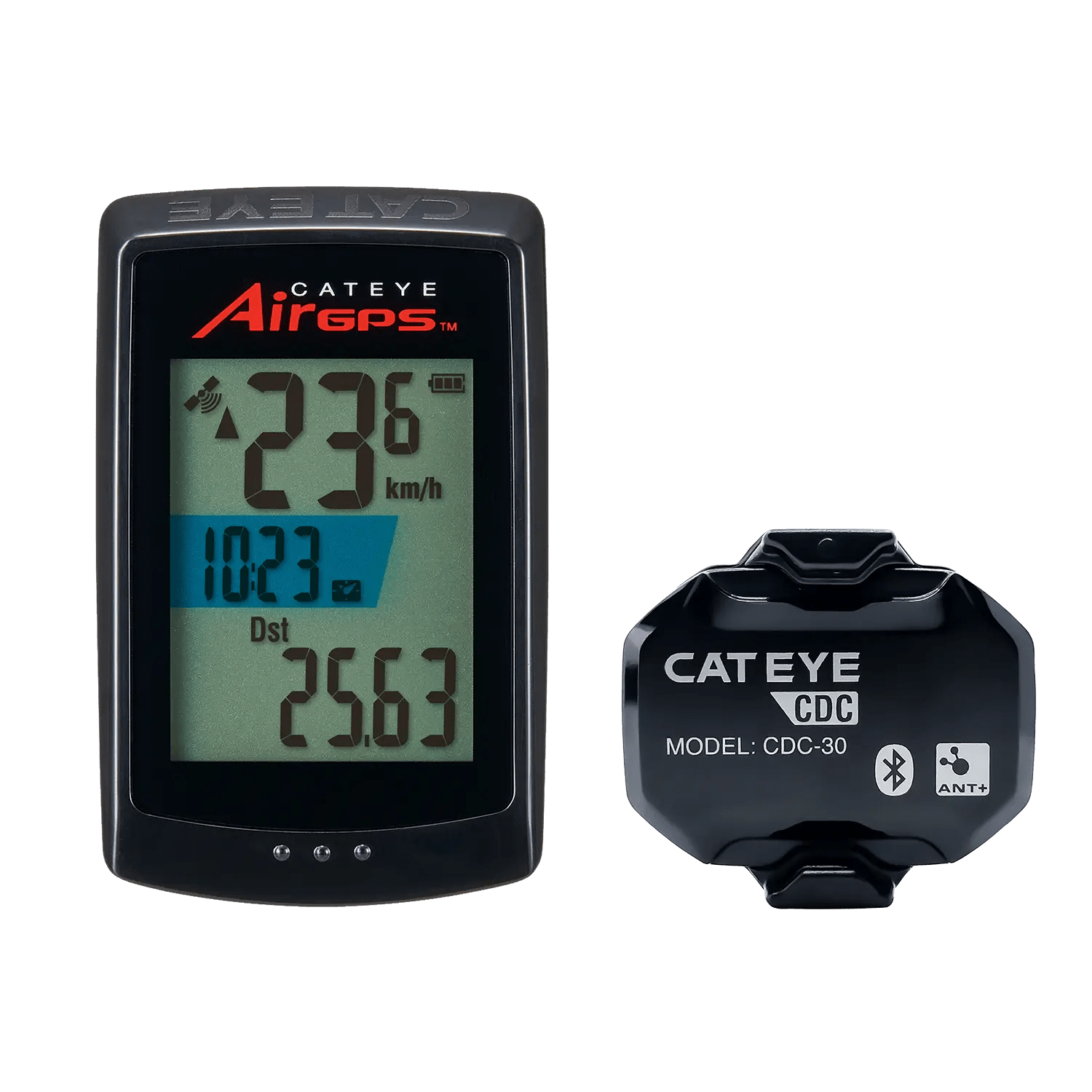 A CATEYE AirGPS cycling computer, valued for accurate GPS, shows speed, time, and distance beside a black CATEYE CDC sensor—both with clear digital displays and branded labels.