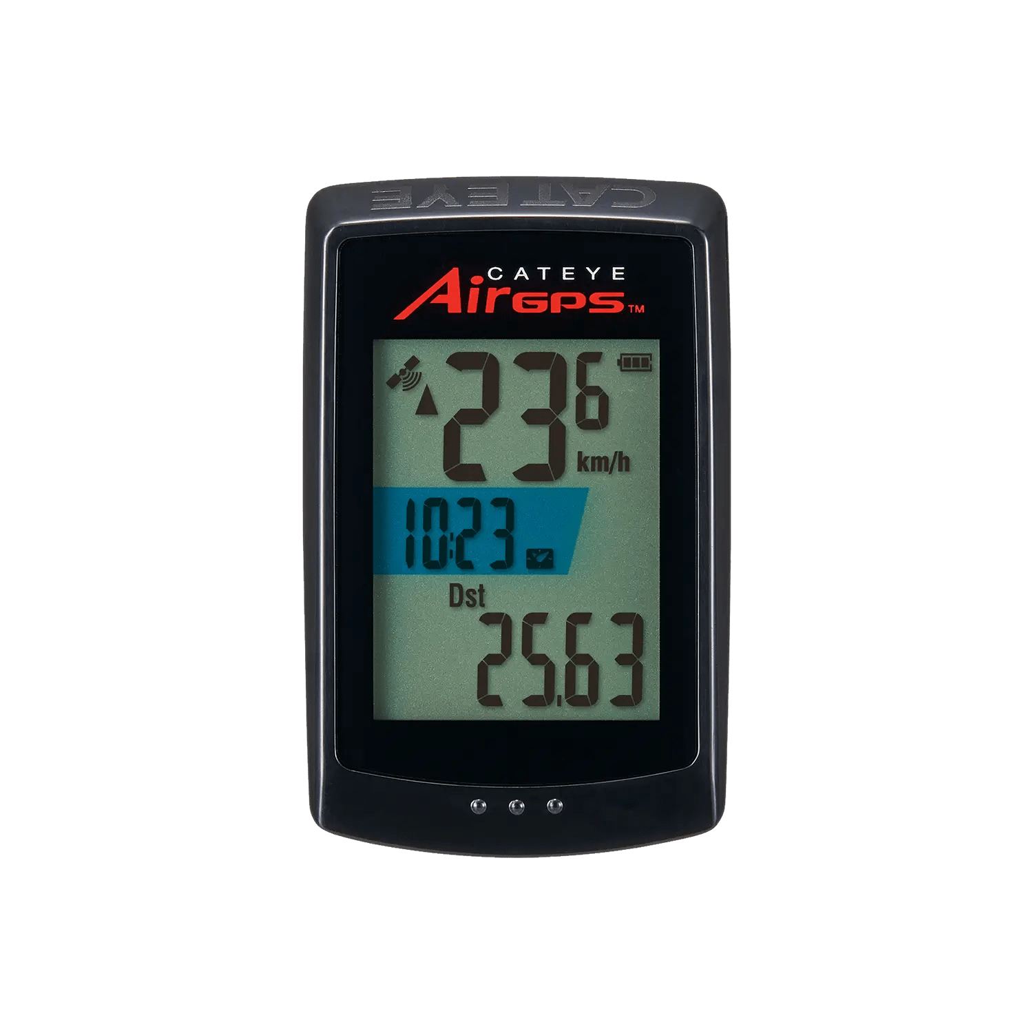 The CATEYE AirGPS bike computer in black shows speed (23.6 km/h), time (10:23), distance (25.63 km), and battery status on its digital display, delivering precise GPS tracking and easy syncing with the CatEye Cycling app.