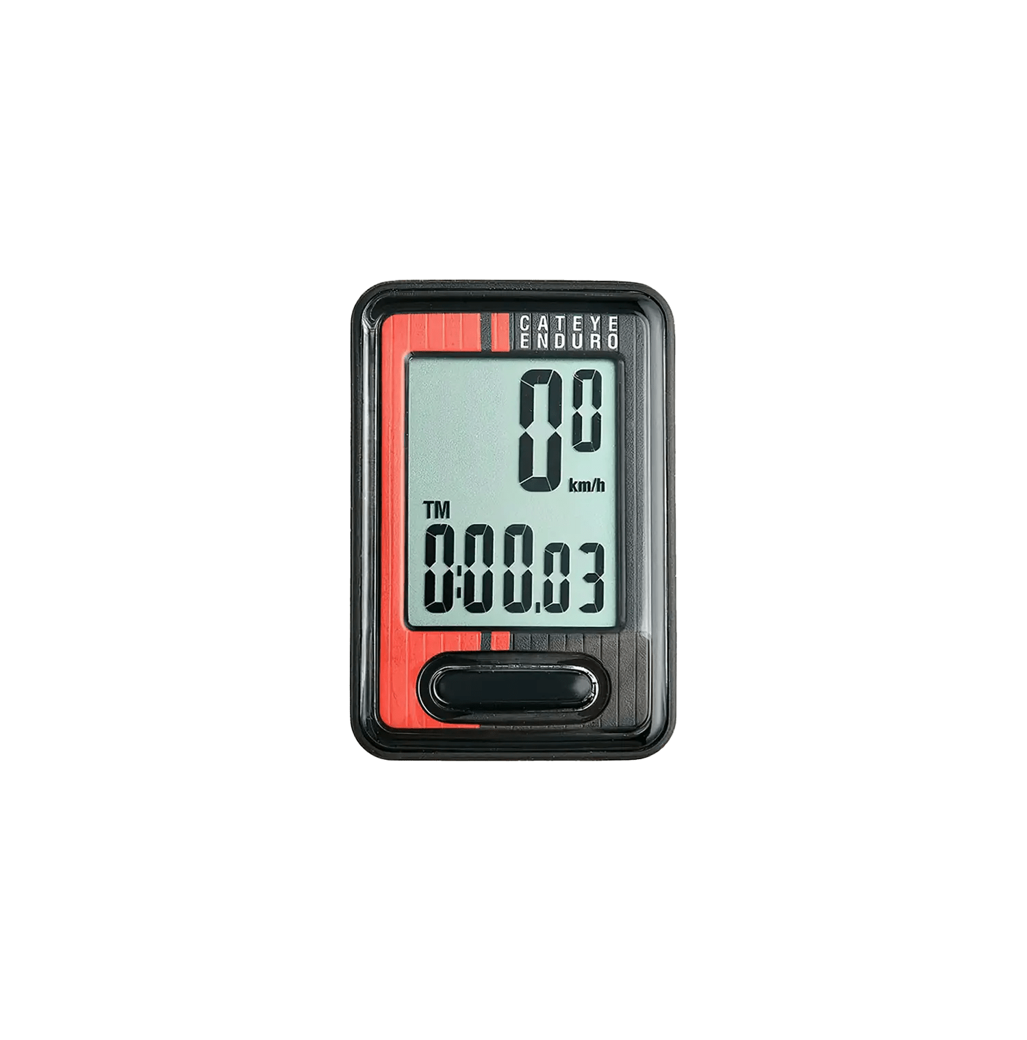 The CATEYE Enduro (CPSC) is a heavy-duty wired bike computer in black and red, showing 0.0 km/h speed and 00:00:03 time, perfect for adventurous cyclists with its secure zip-tie mount.