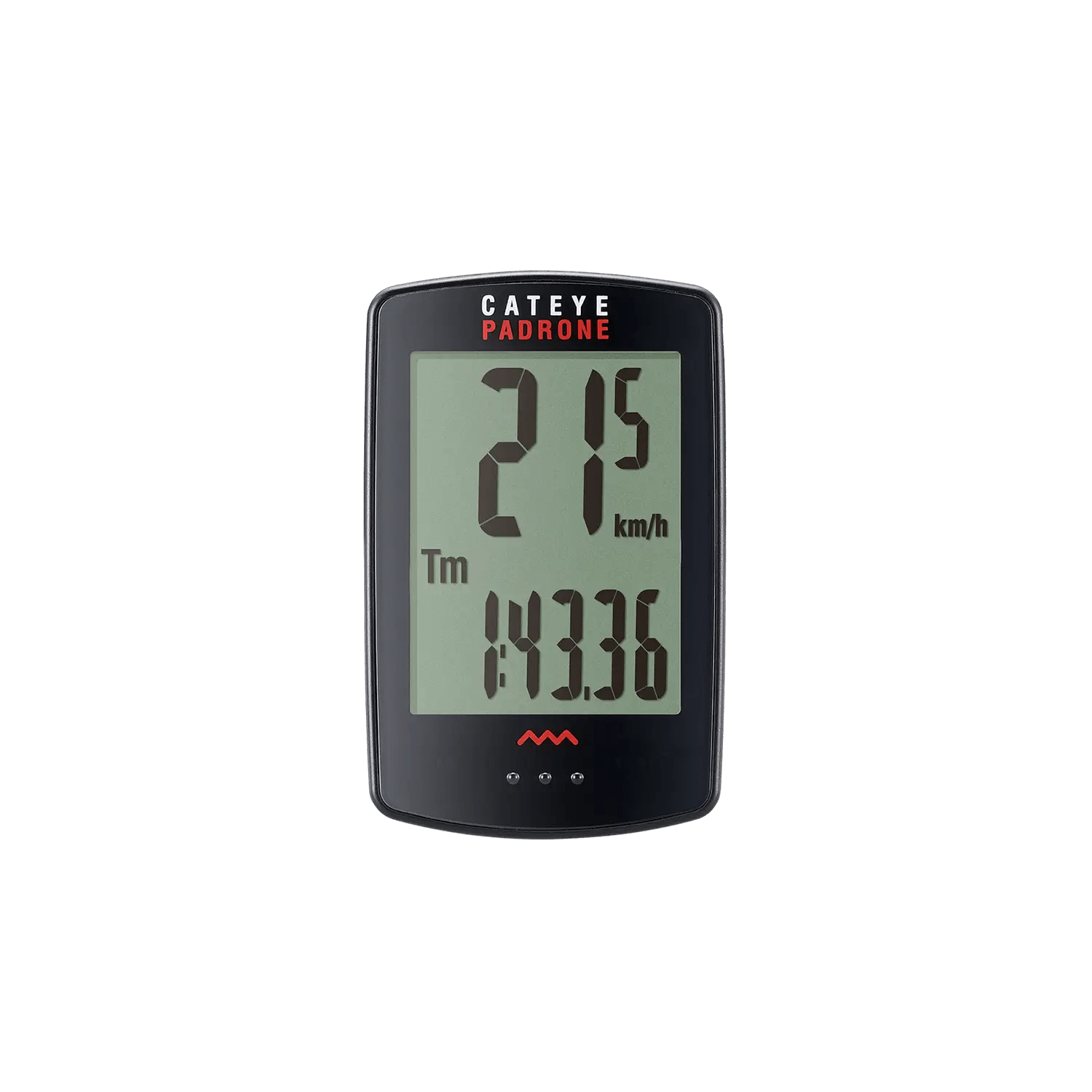 A CATEYE Padrone (CPSC) bike computer with a large display shows 21.5 km/h and 1:43:36, featuring ClickTec™ button interface, set against a plain green background.