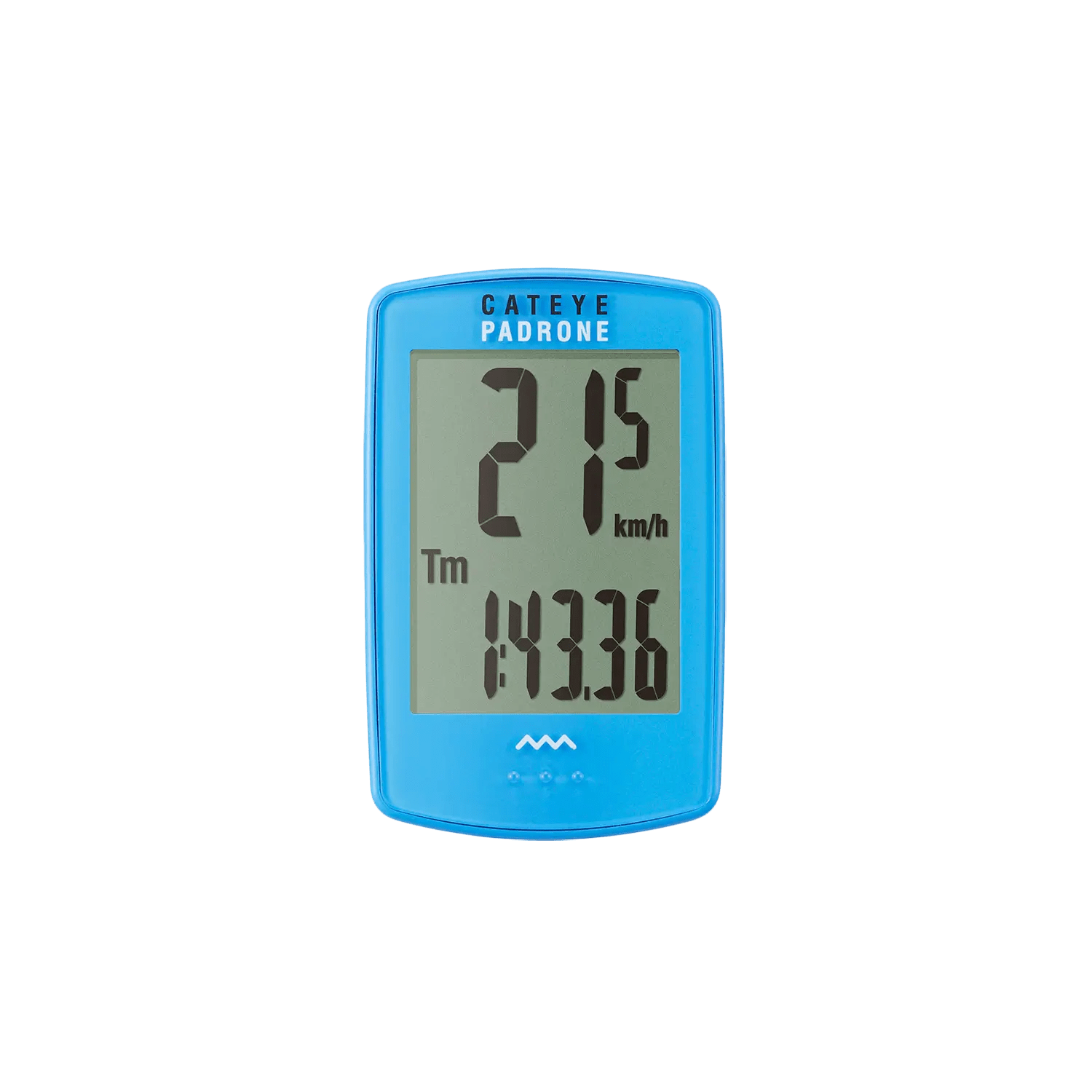 A CATEYE Padrone (CPSC) bike computer displays a speed of 21.5 km/h and a timer of 1:43:36 on its large digital screen.