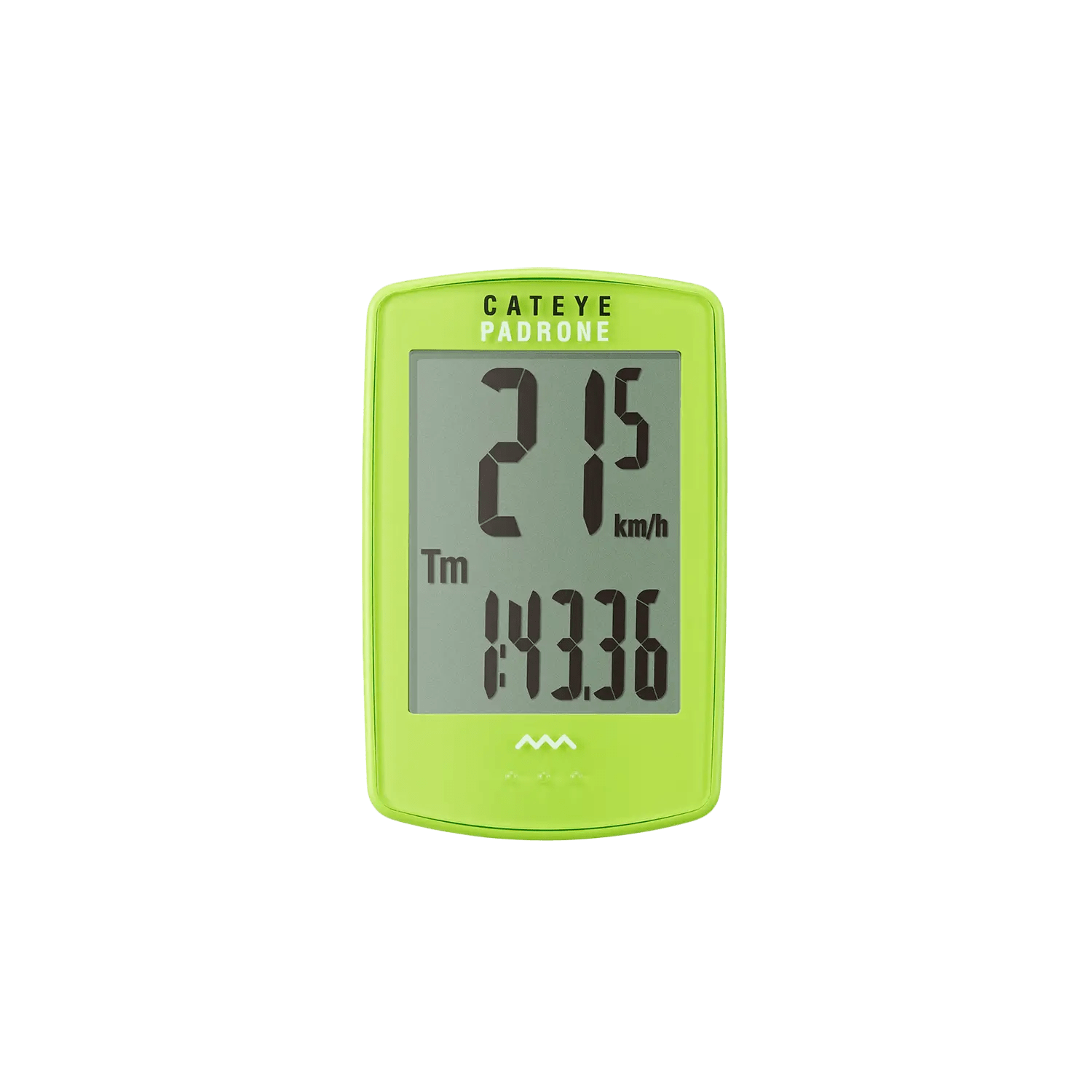 A CATEYE Padrone (CPSC) bike computer with a large display shows 21.5 km/h and a timer at 1:43:36, all easily managed via the ClickTec™ button interface.