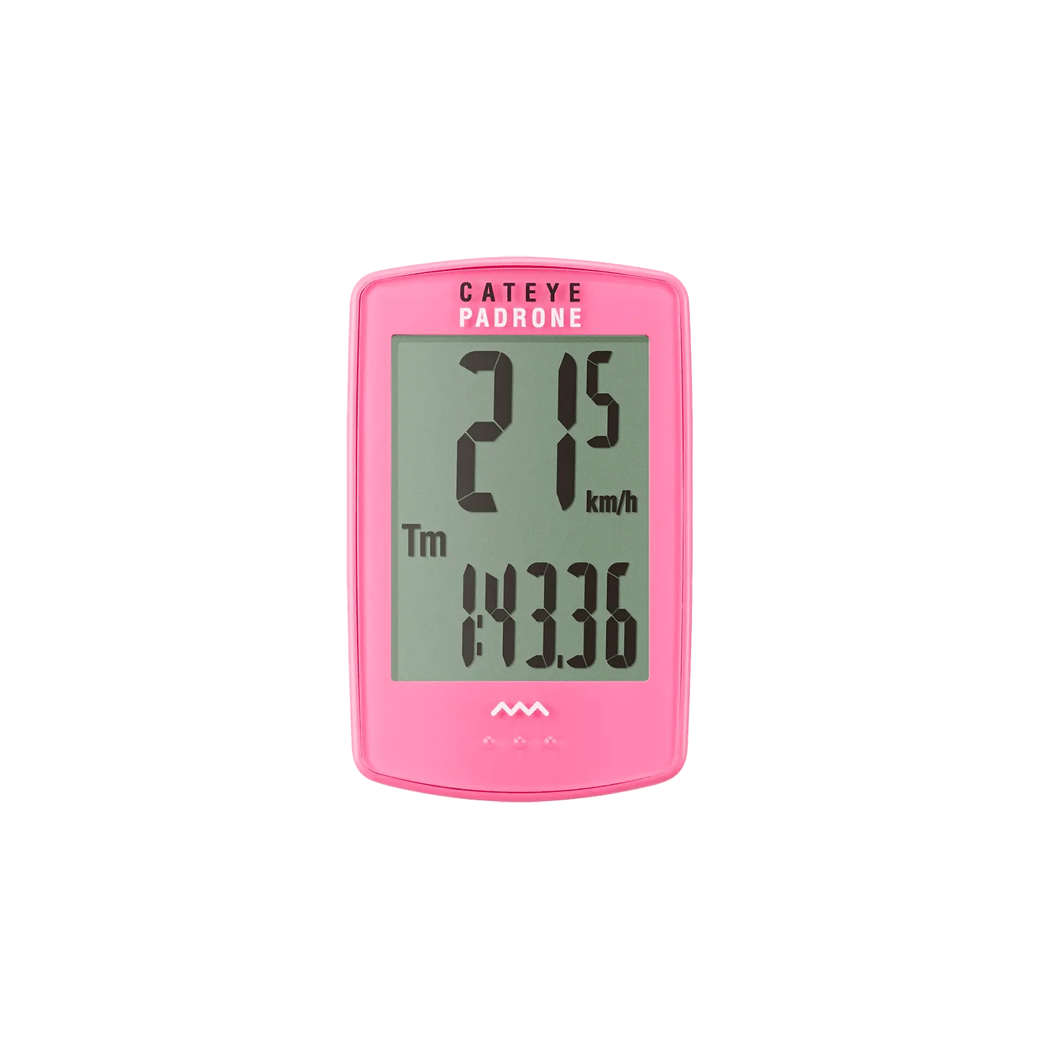 A pink CATEYE Padrone (CPSC) bike computer displays 21.5 km/h speed and a 1:43:36 timer, both easy to read on its large screen with the intuitive ClickTec™ button interface.
