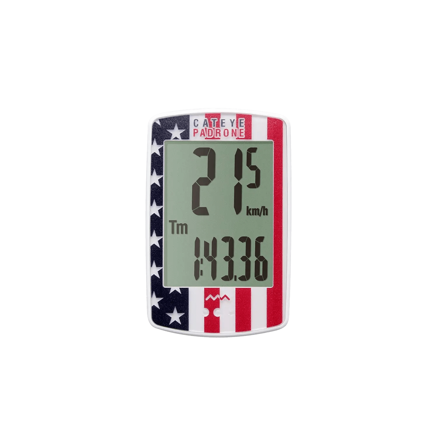A CATEYE Padrone (CPSC) bike computer with an American flag design features a large display showing 21.5 km/h speed and a time of 1:43:36.
